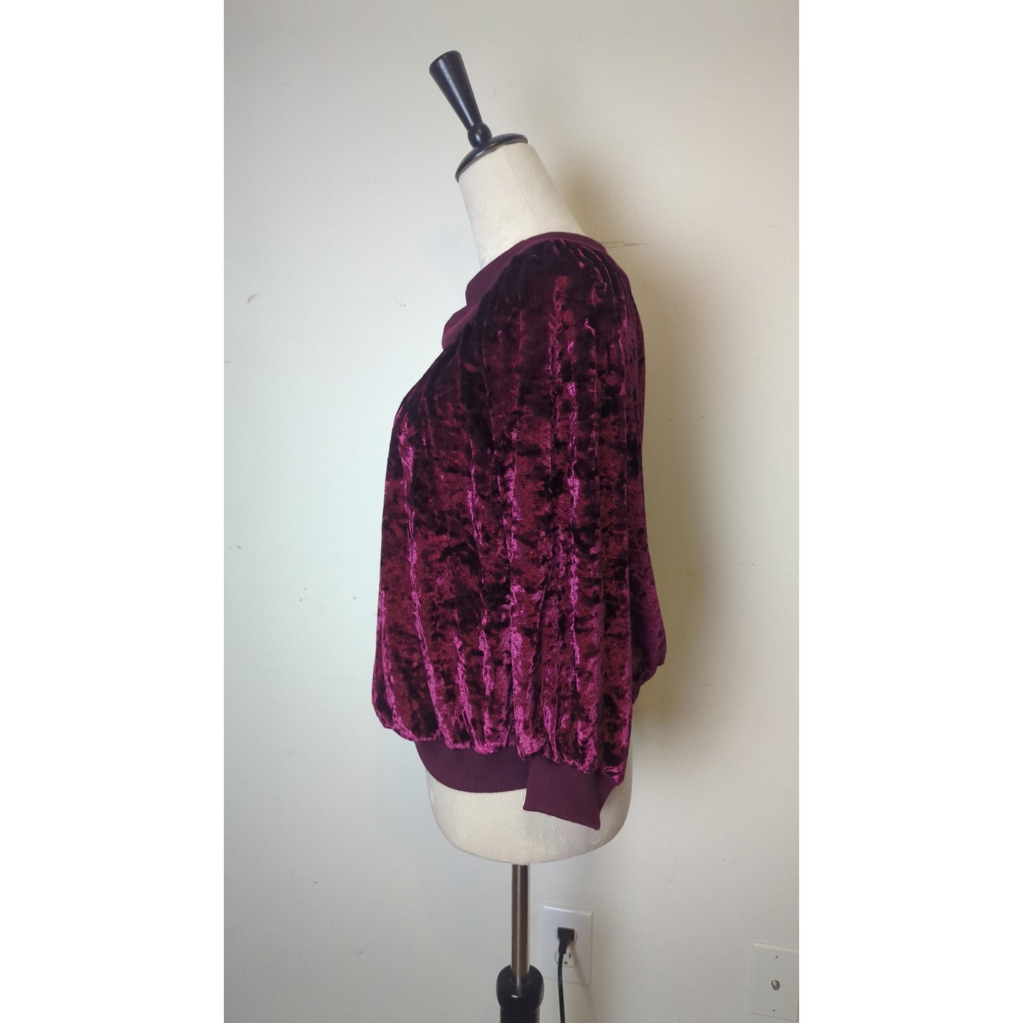 Moody Burgundy Velvet Boat Neck Pullover Top Balloon Sleeves Women's Small