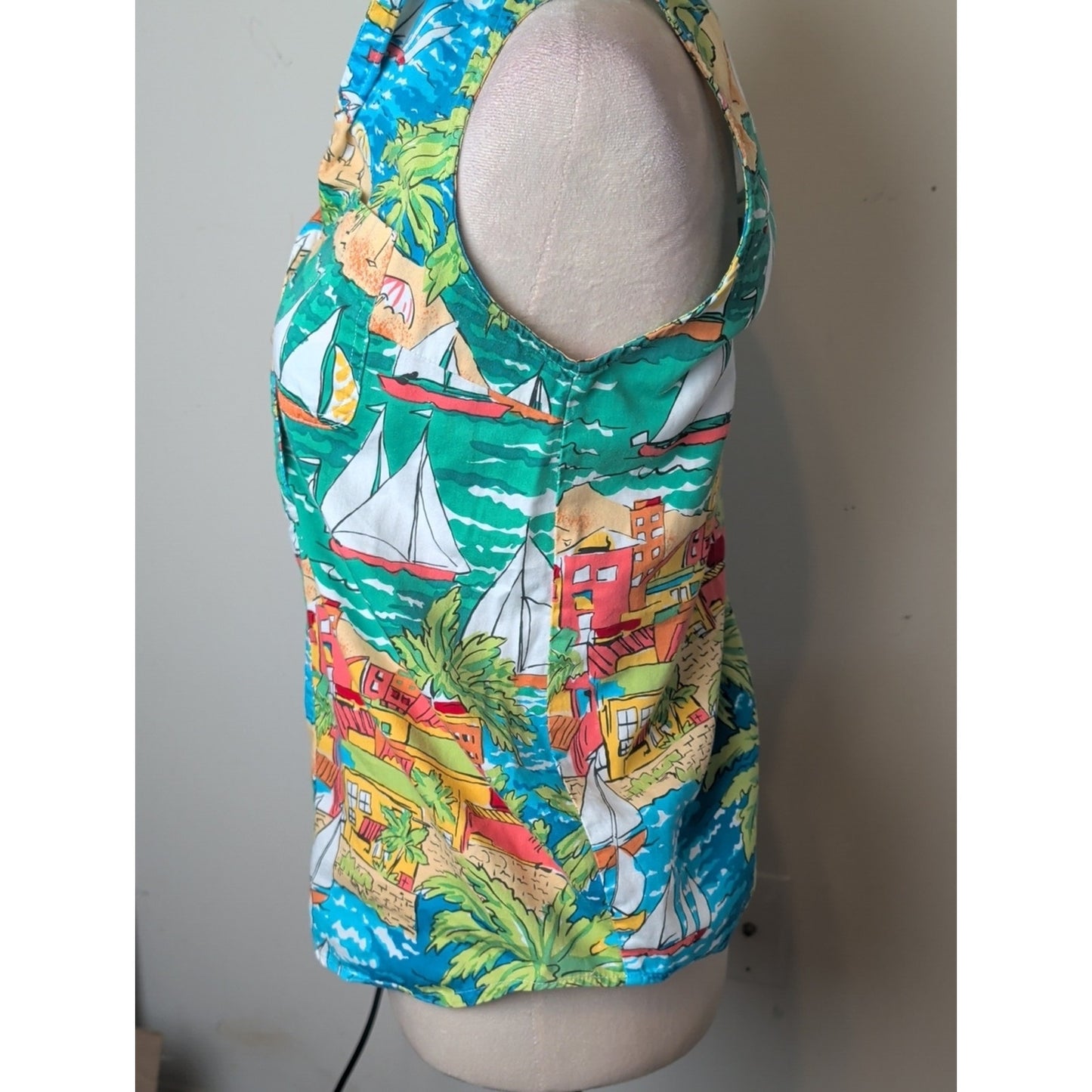 Vintage Bushwacker Sailboat Island Print Sleeveless Popover Top 90s Coastal