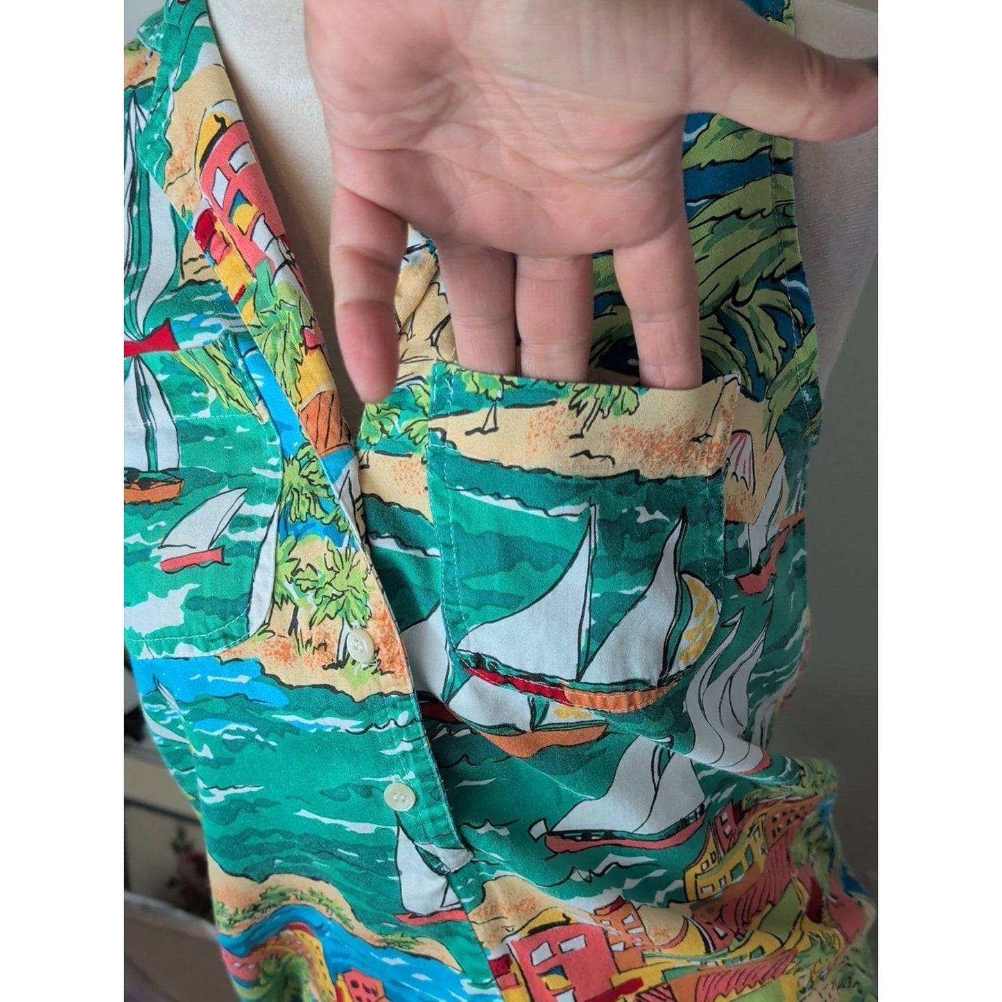 Vintage Bushwacker Sailboat Island Print Sleeveless Popover Top 90s Coastal
