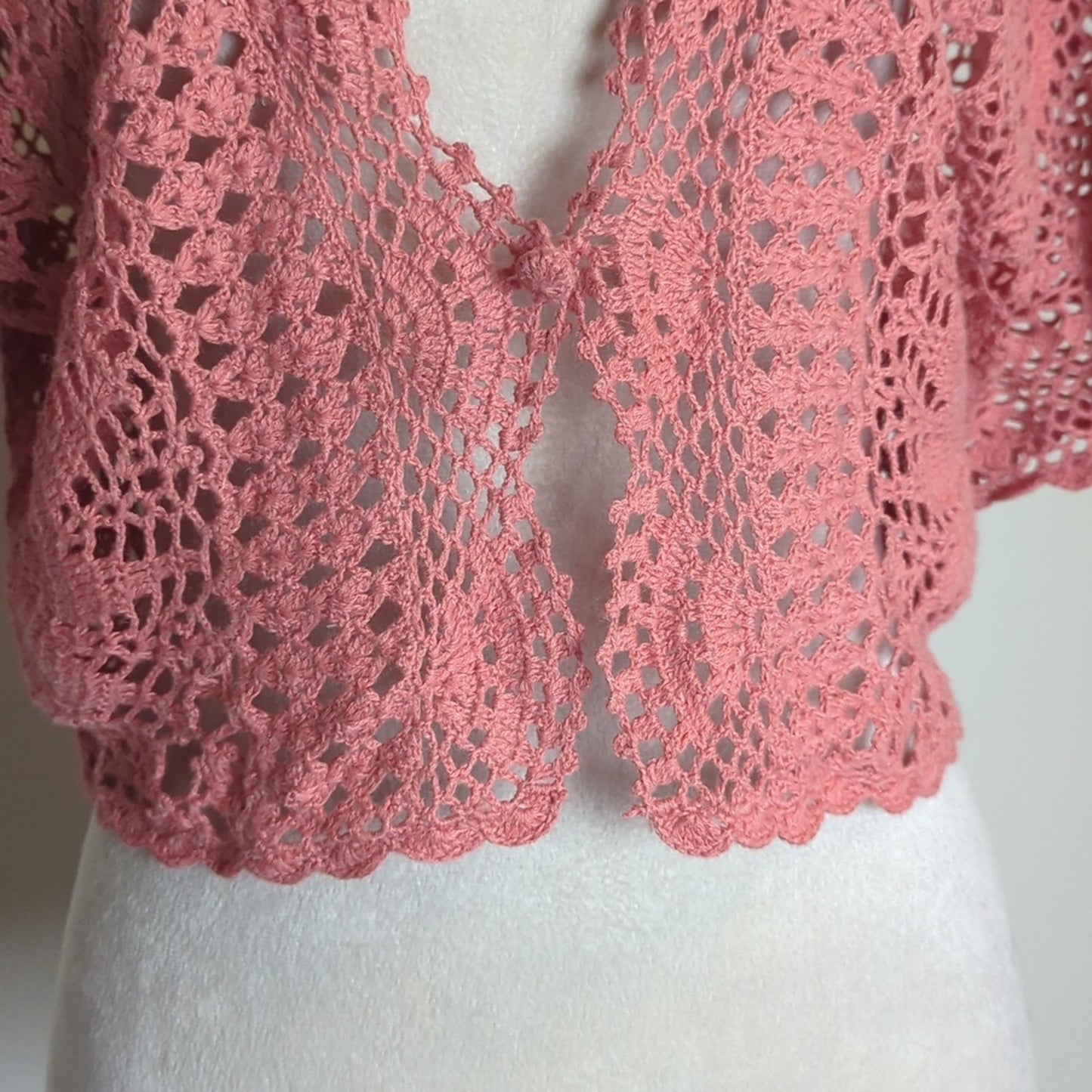 Vintage Crochet Cardigan Top Cropped Open Knit Dusty Rose Romantic Coquette