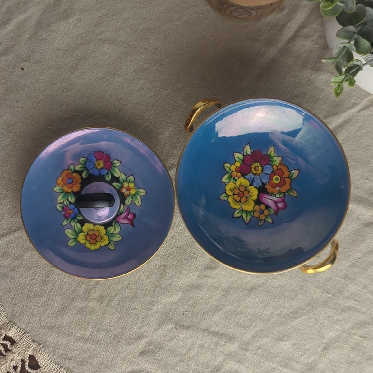 Vintage Noritake Hand Painted Dish Set Blue Floral Bowl & Handled Mini Platter