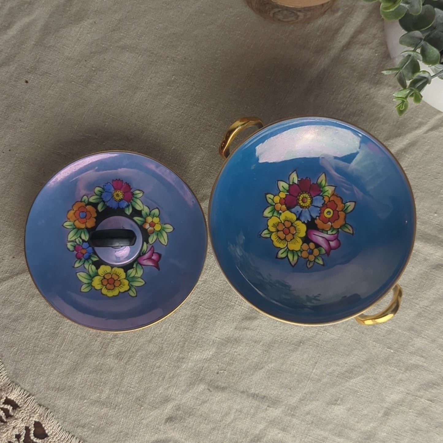 Vintage Noritake Hand Painted Dish Set Blue Floral Bowl & Handled Mini Platter