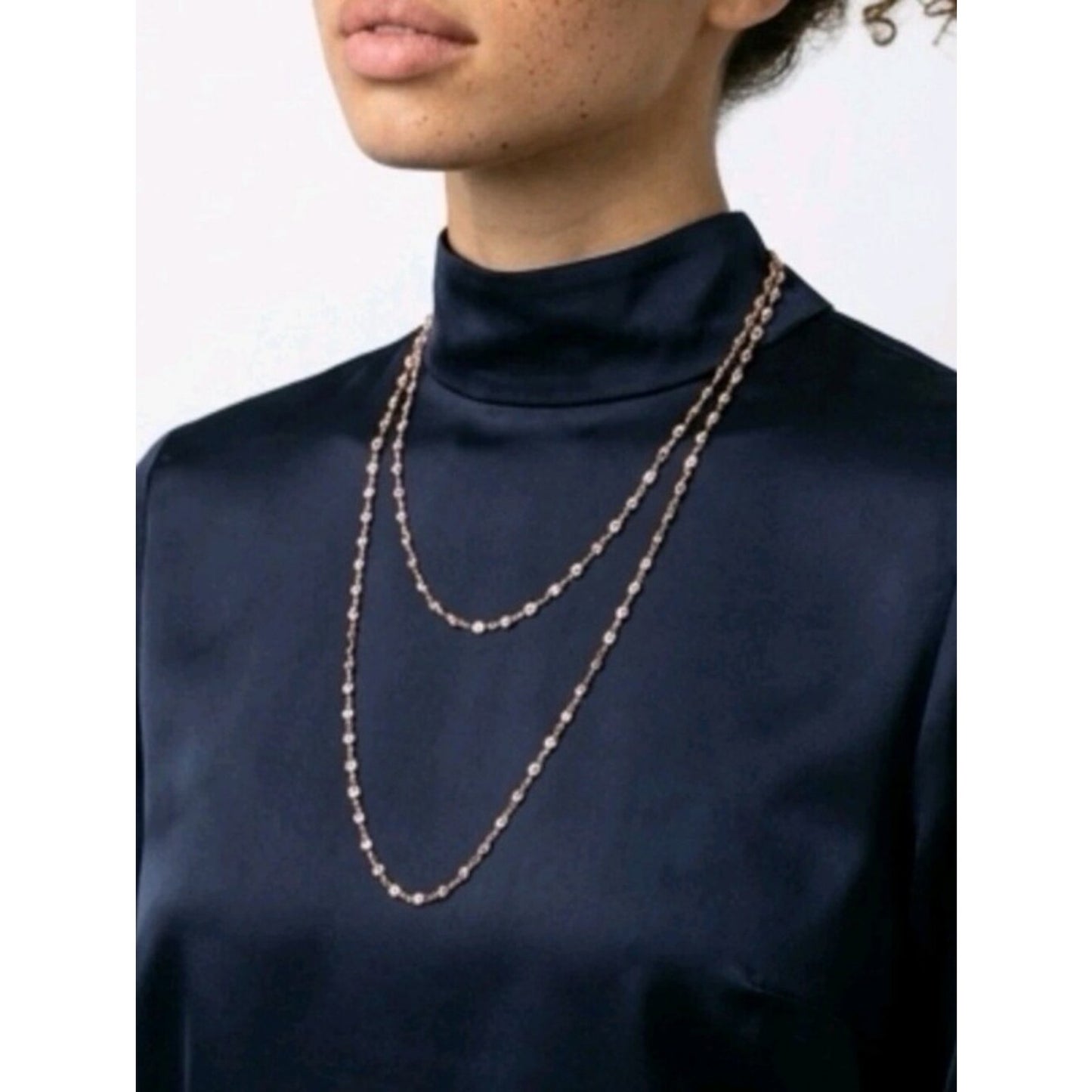 Alainn CZ Gold Tone Opera Necklace  Bezel Set Crystal Station Chain Layering