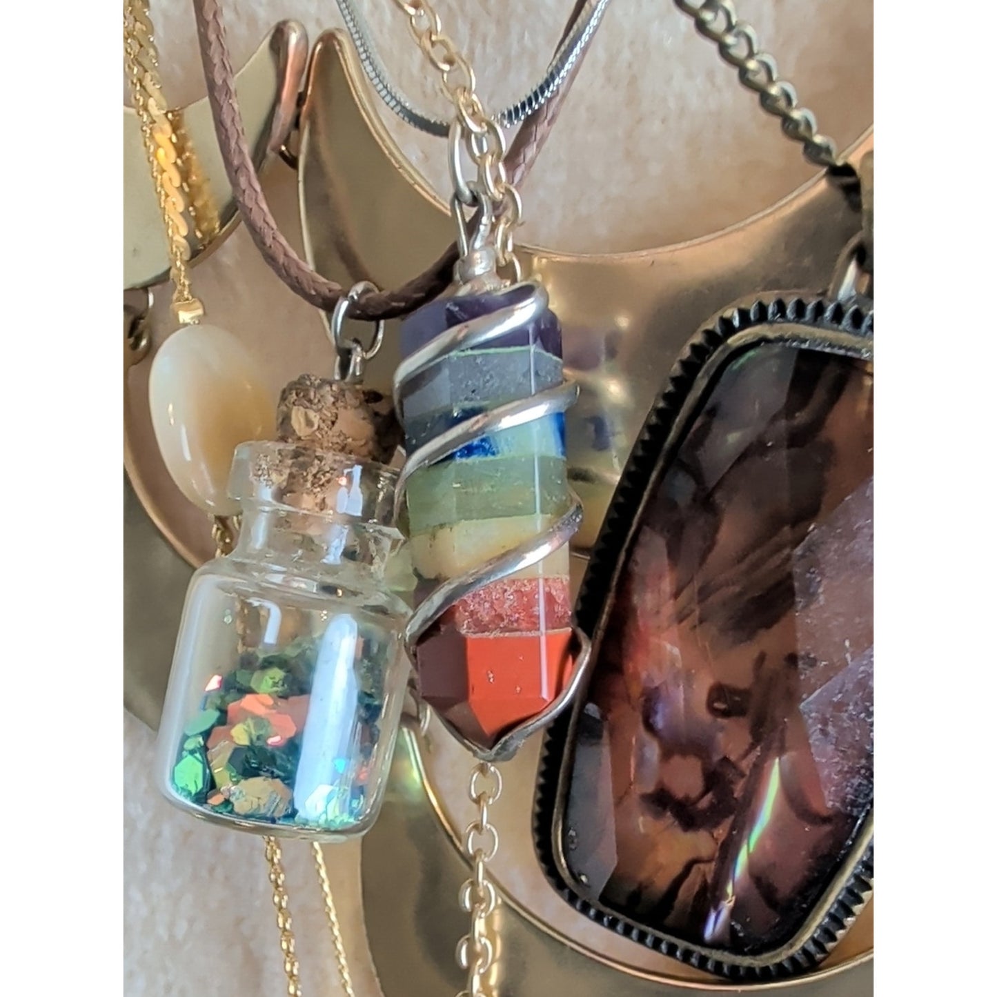 7 Celestial Boho Necklace Bundle Moon  Sun Face Pendant Druzy Glass Festival