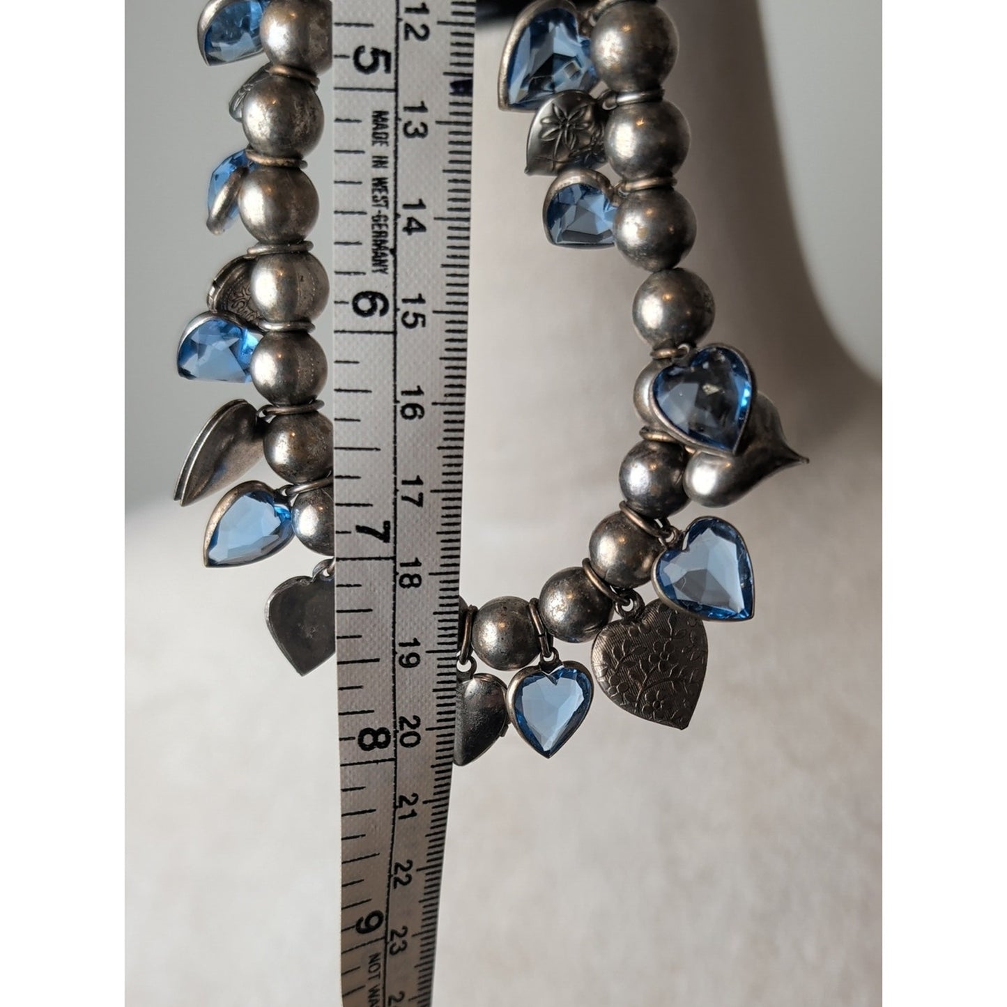 Vintage Artisan Heart Charm Necklace Sterling Accent Blue Faceted Glass