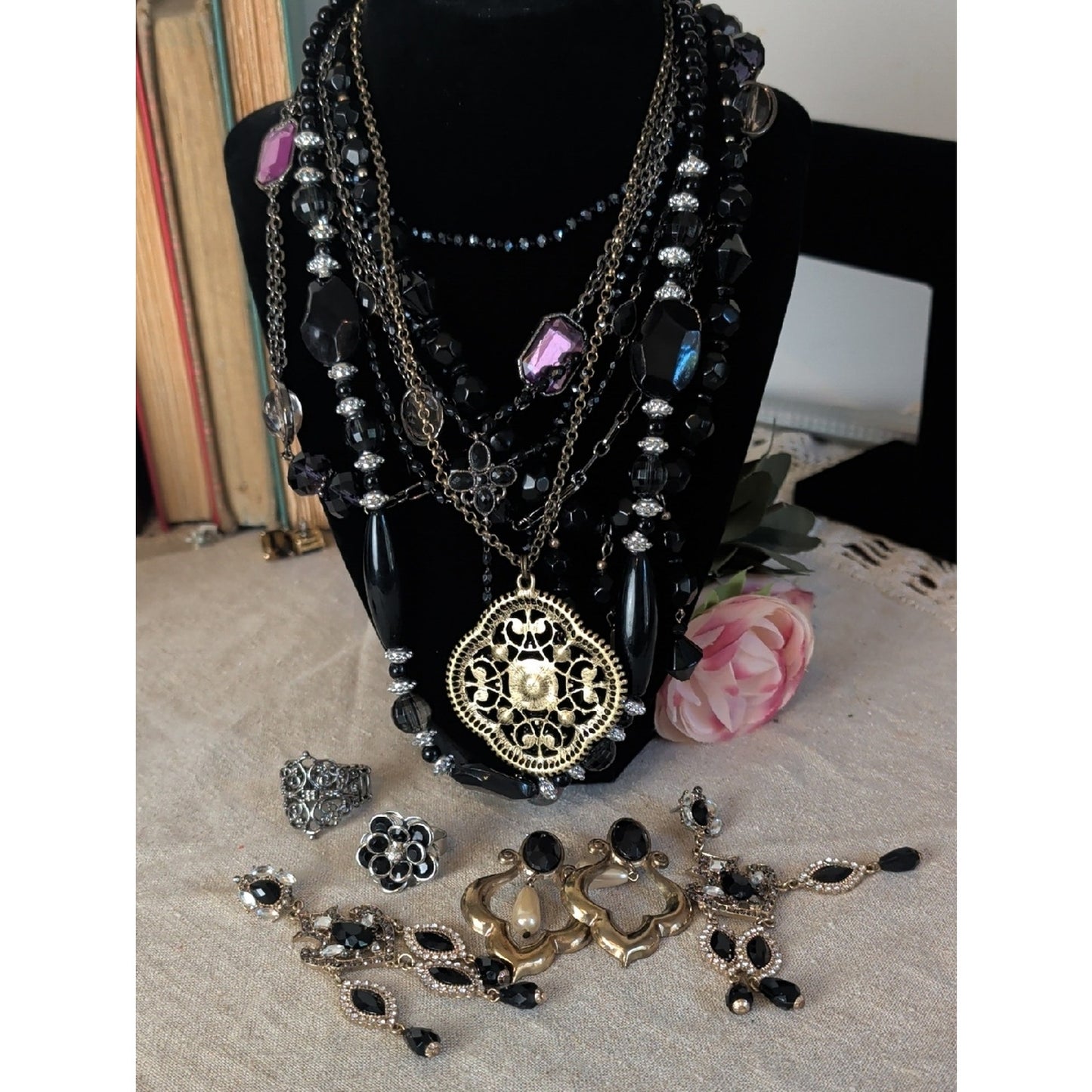 Whimsigoth Dark Romantic Jewelry Lot 6 Necklaces 2 Earring Sets, 2 Stretch Rings