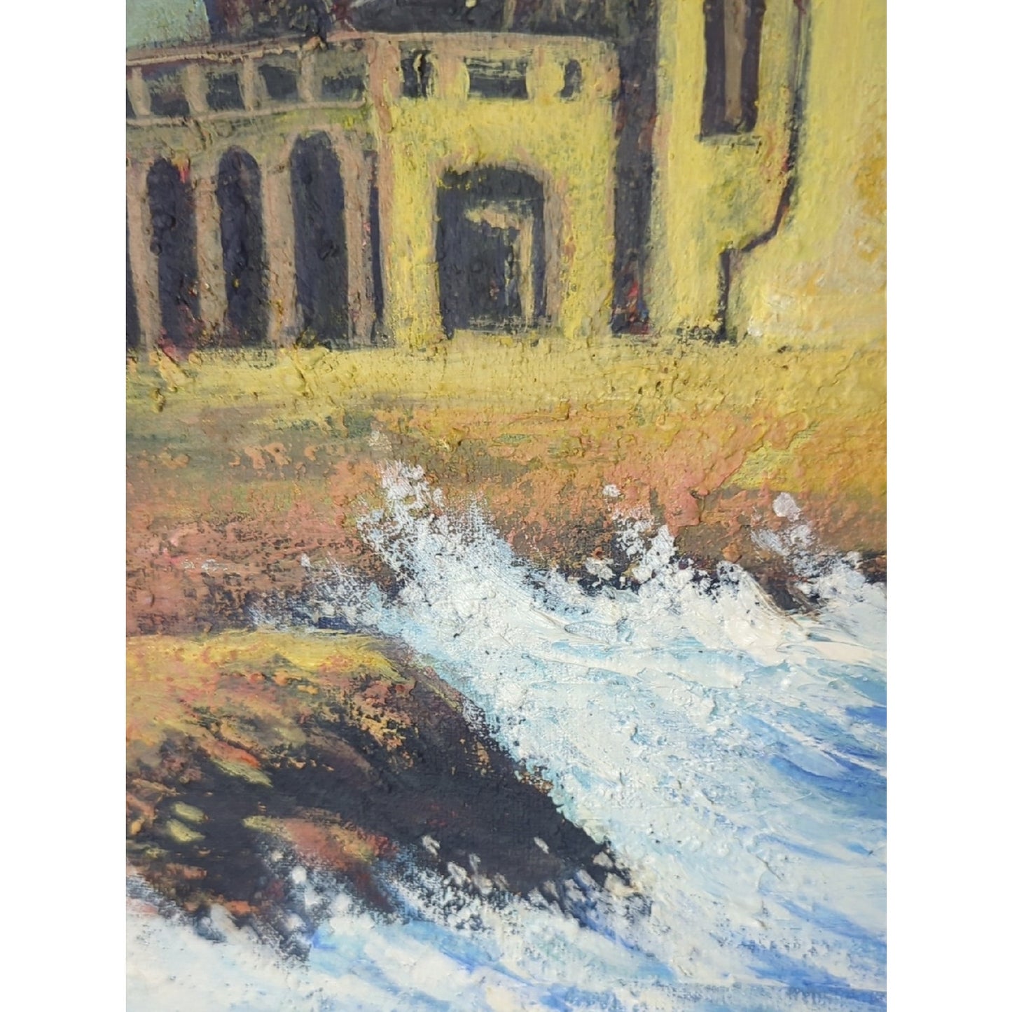 Signed Coastal Seascape Texture Painting Mediterranean Architecture Ocean Waves