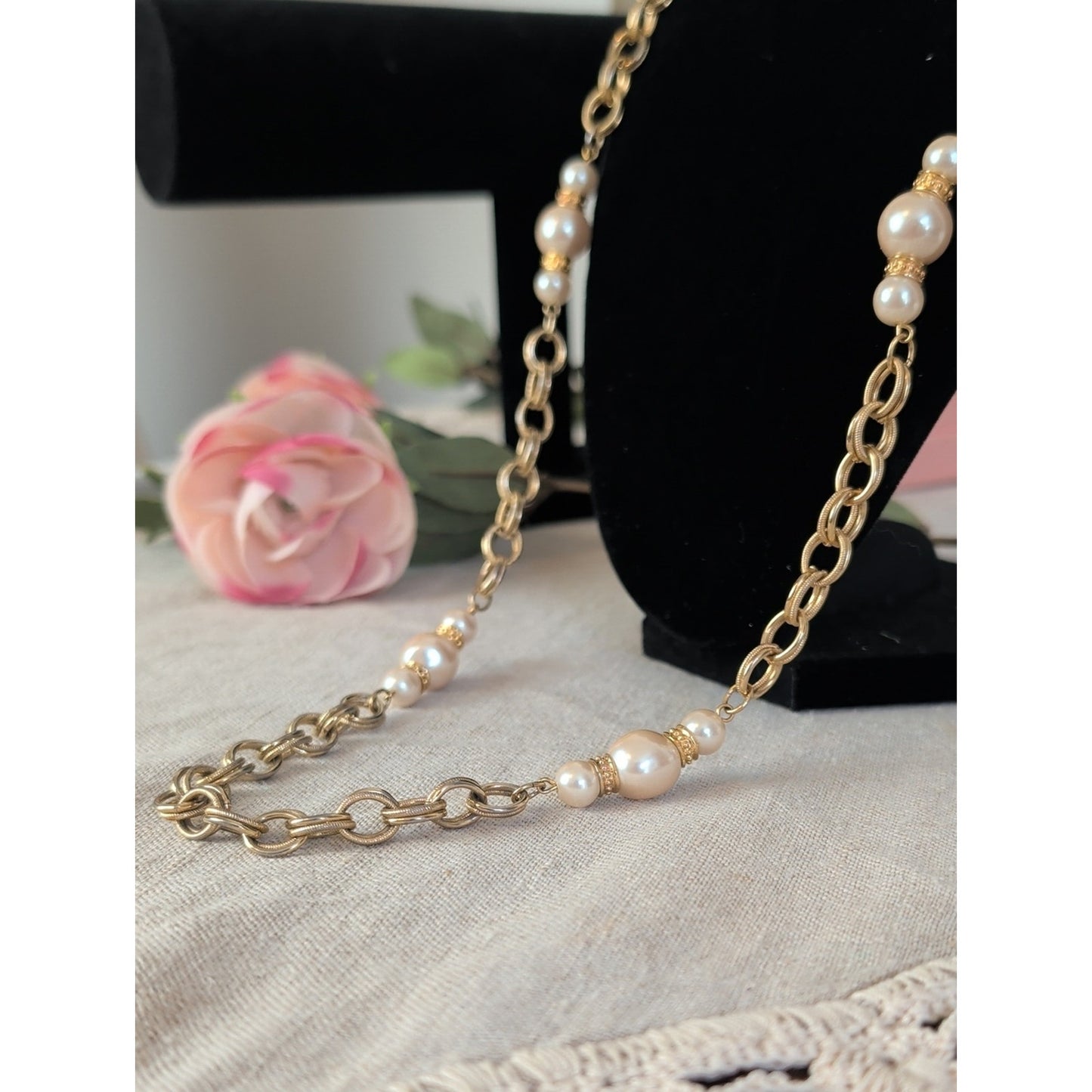 Mid Century Modern Gold Tone Faux Pearl Necklace Retro Glam