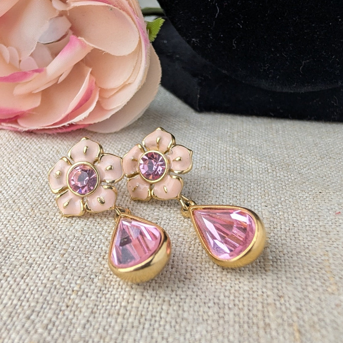 Vintage Trifari 1980s Pink Enamel and Rhinestone Floral Drop Pierced Earrings