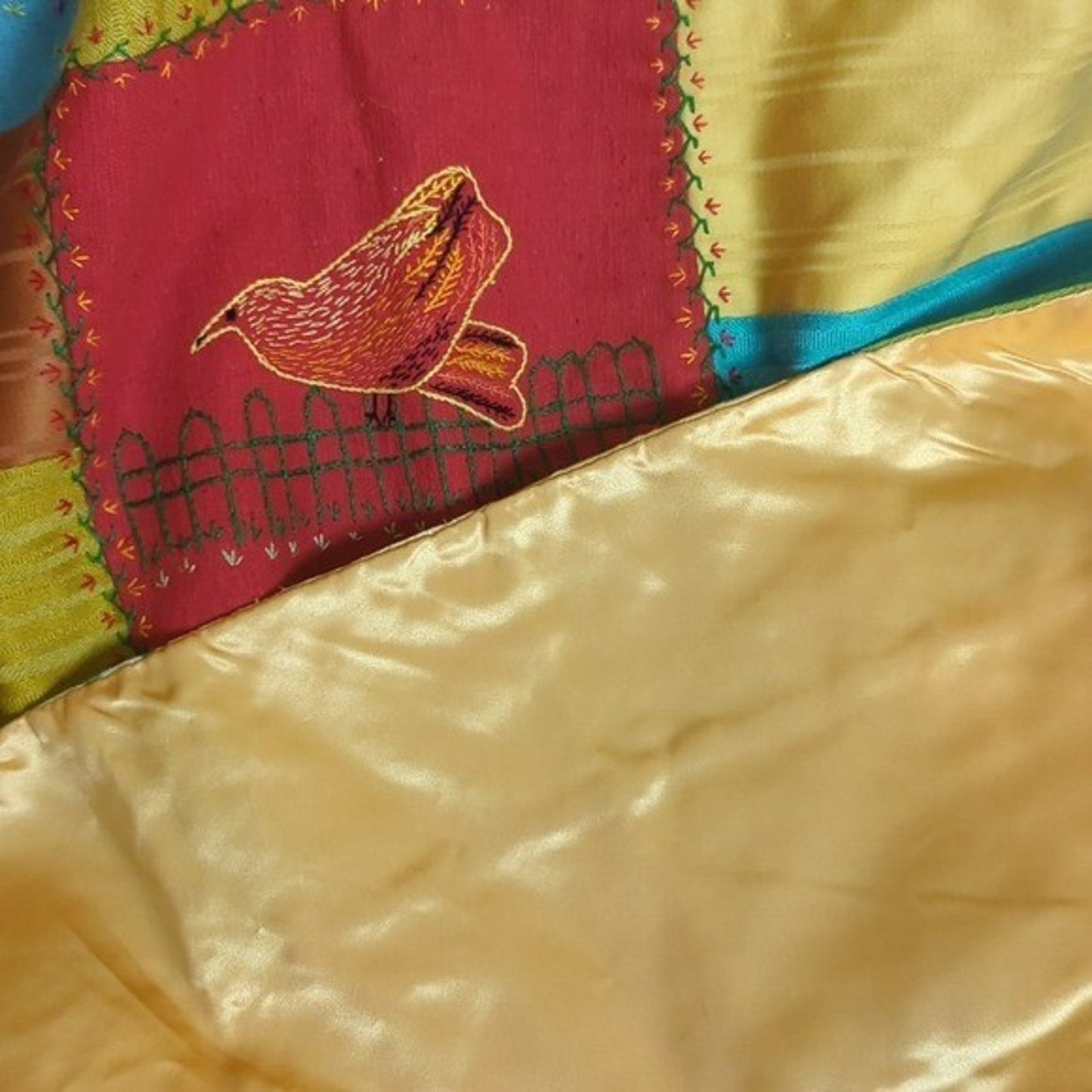 Crazy Quilt Large Rare Vintage Patchwork Quilt Embroidered Gold Satin Back 58x88