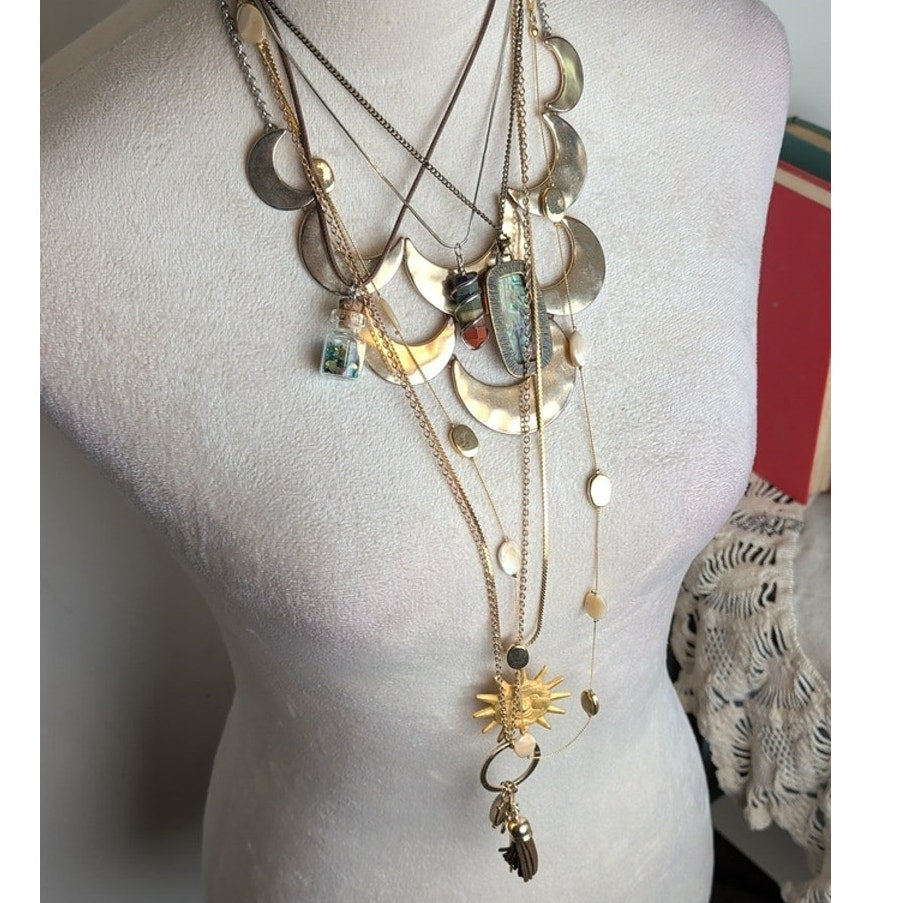 7 Celestial Boho Necklace Bundle Moon  Sun Face Pendant Druzy Glass Festival