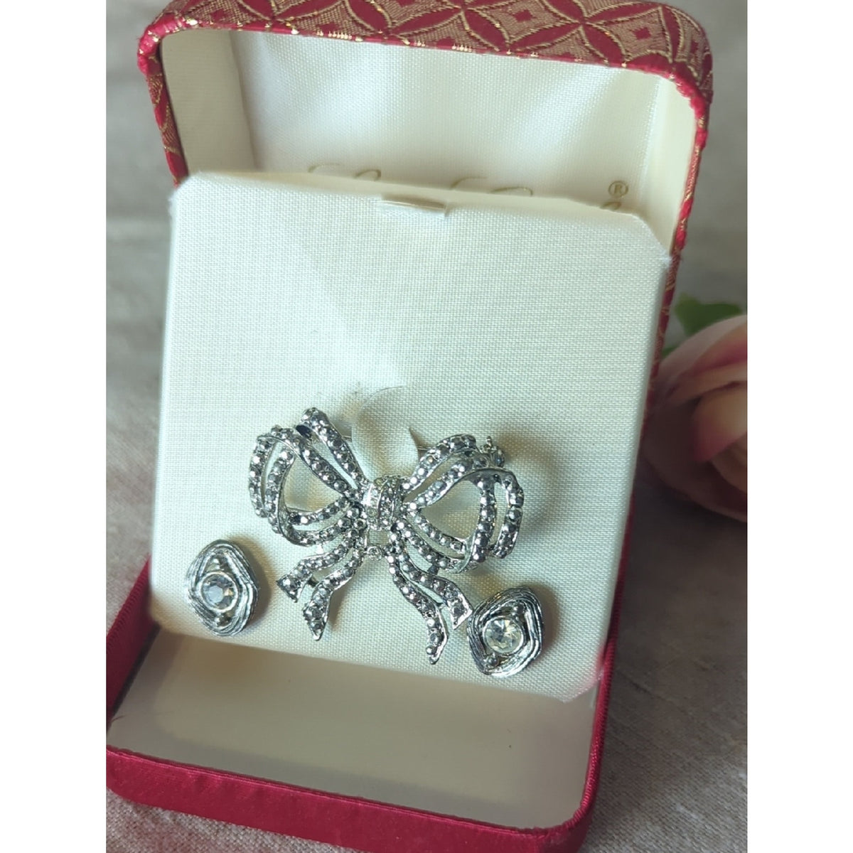 Vintage Laura Gayle Rhinestone Bow Brooch & Earrings 90s Coquette Jewelry