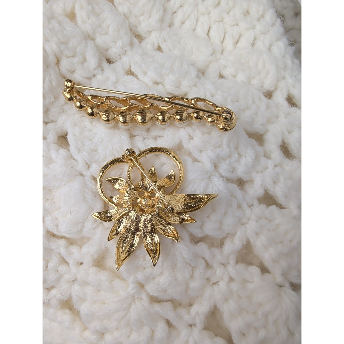 Vintage Gold Tone Faux Pearl Brooch Set of 2 Floral Coquette Romantic Jewelry