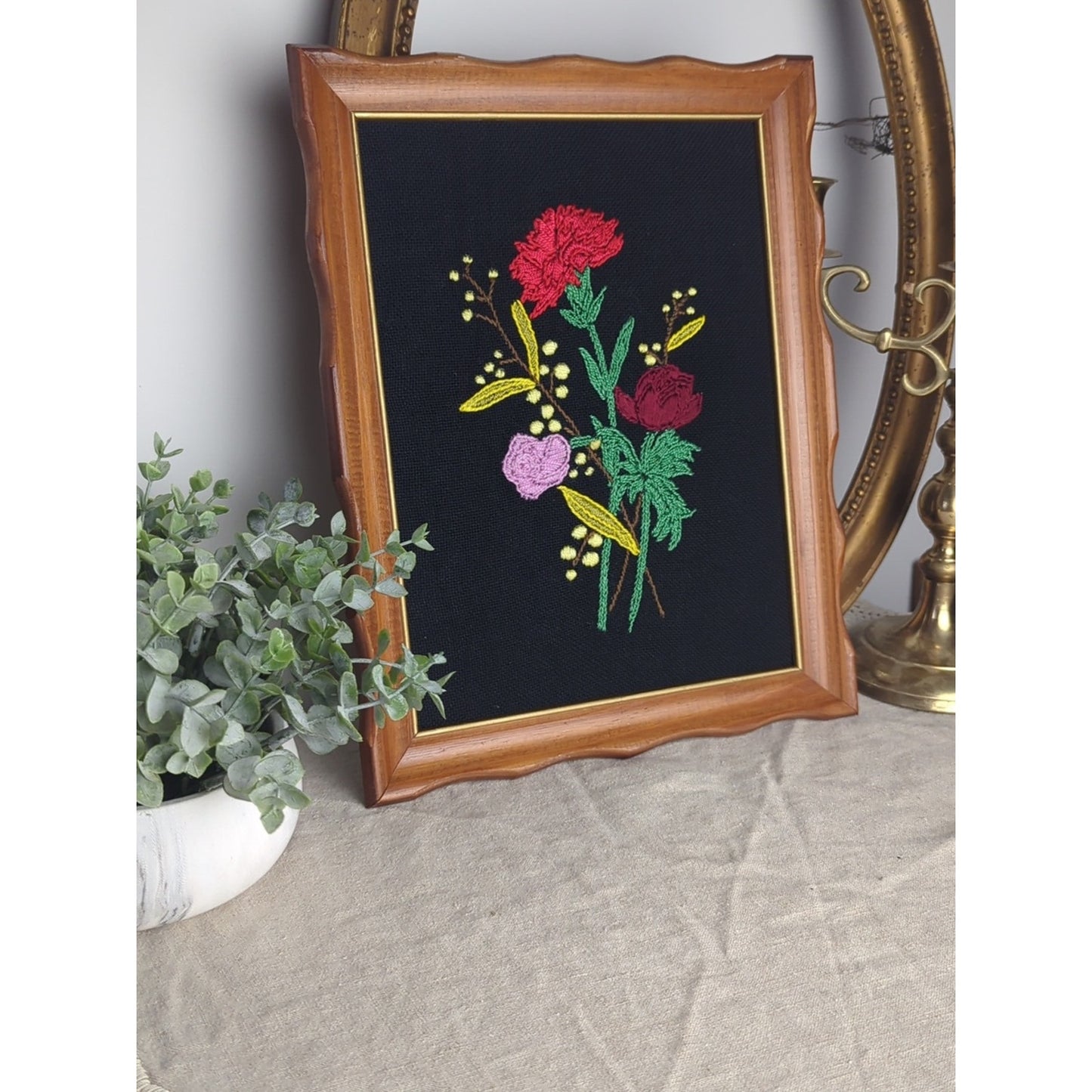 Vintage Floral Crewel Embroidery Framed Art, Romantic Cottage Wall  Art