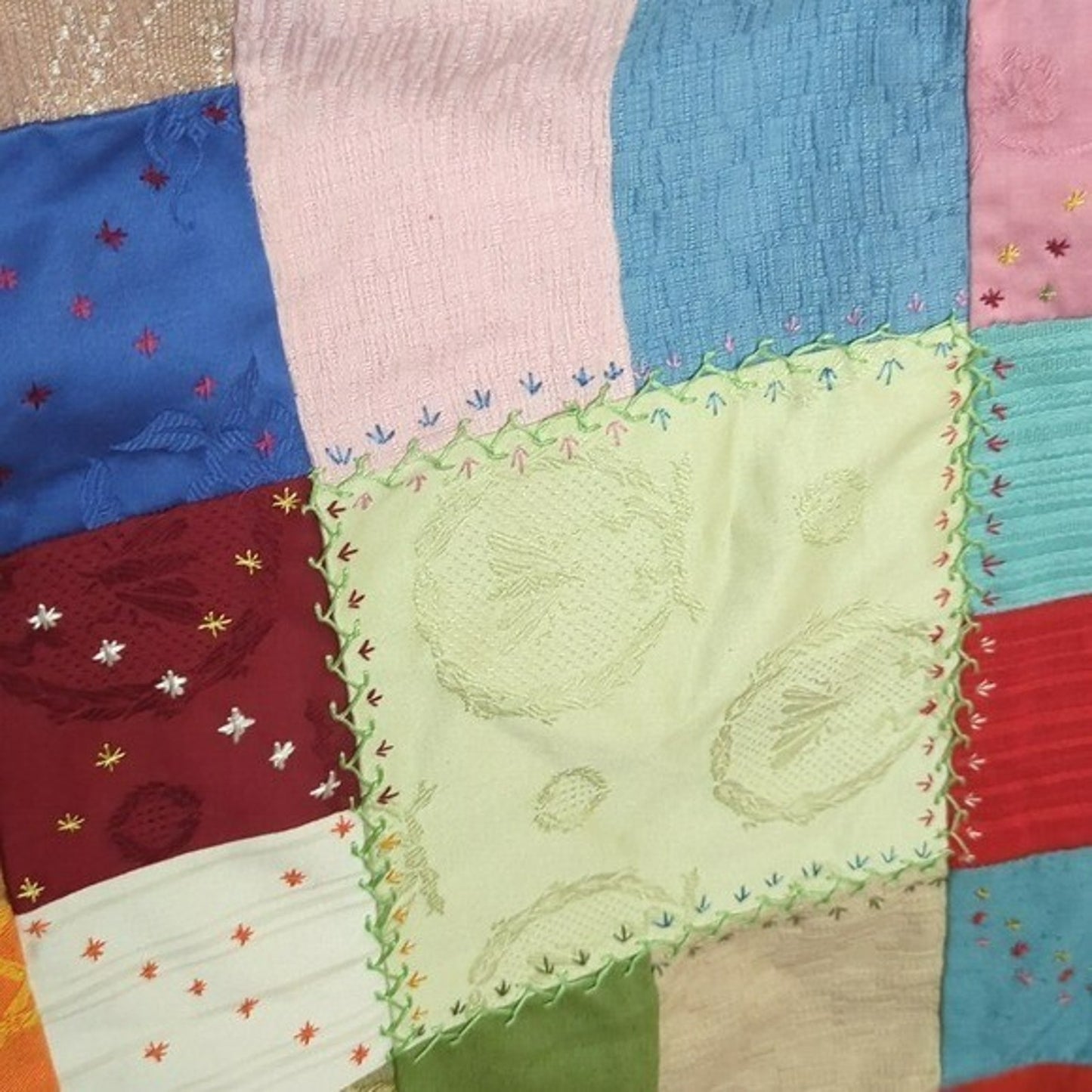 Crazy Quilt Large Rare Vintage Patchwork Quilt Embroidered Gold Satin Back 58x88