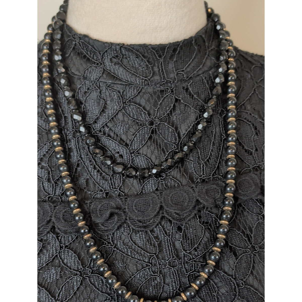 Curated Vintage Black Glass Layering Necklace Set 2 Double Strand Romantic Goth