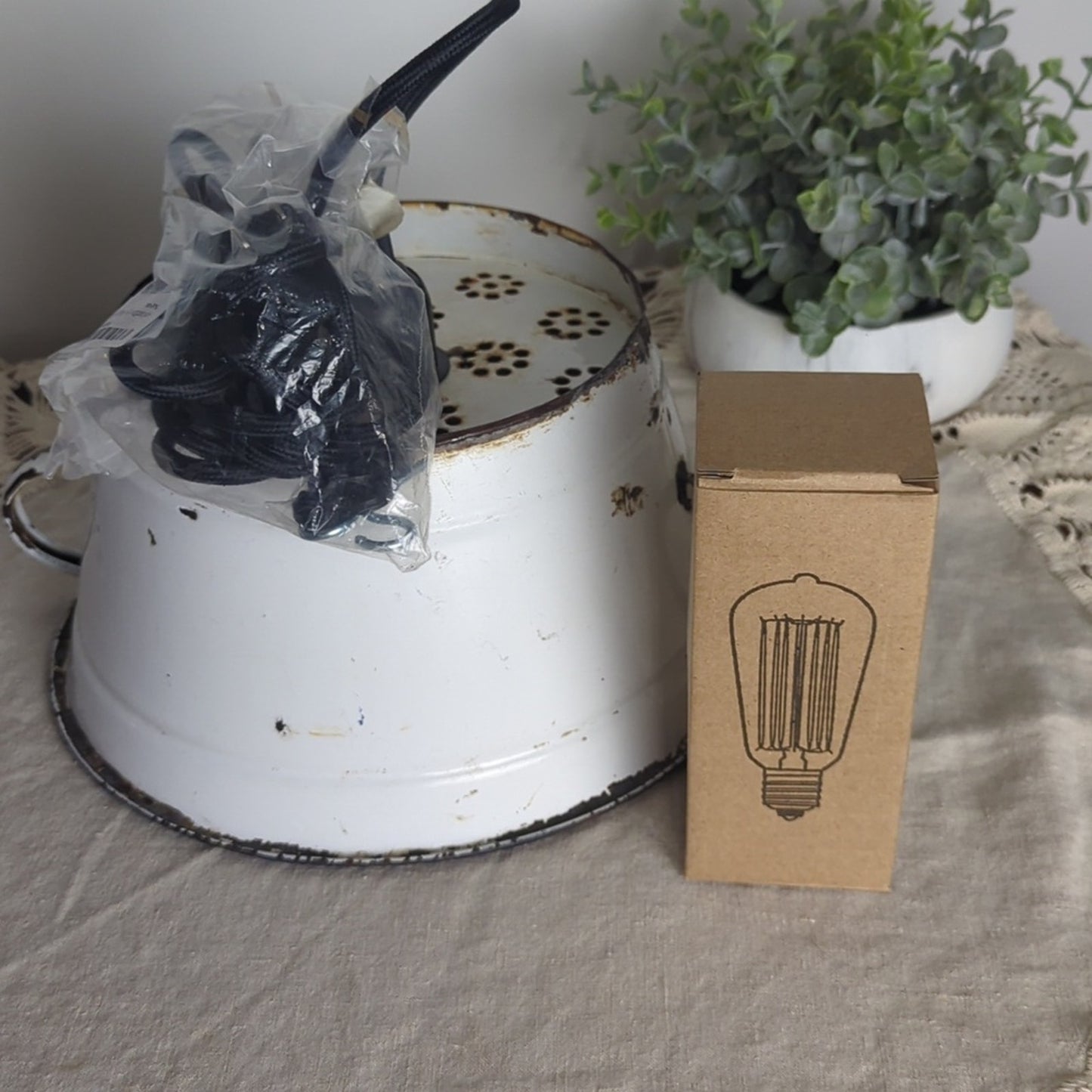 Vintage Enamel Colander Pendant Lamp Rustic Farmhouse Light w/ New Fixture