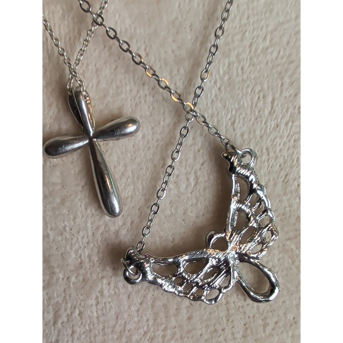 Vintage Silver Tone Angel Wings Crystal Cross Necklace Set Layered Y2K Celestial