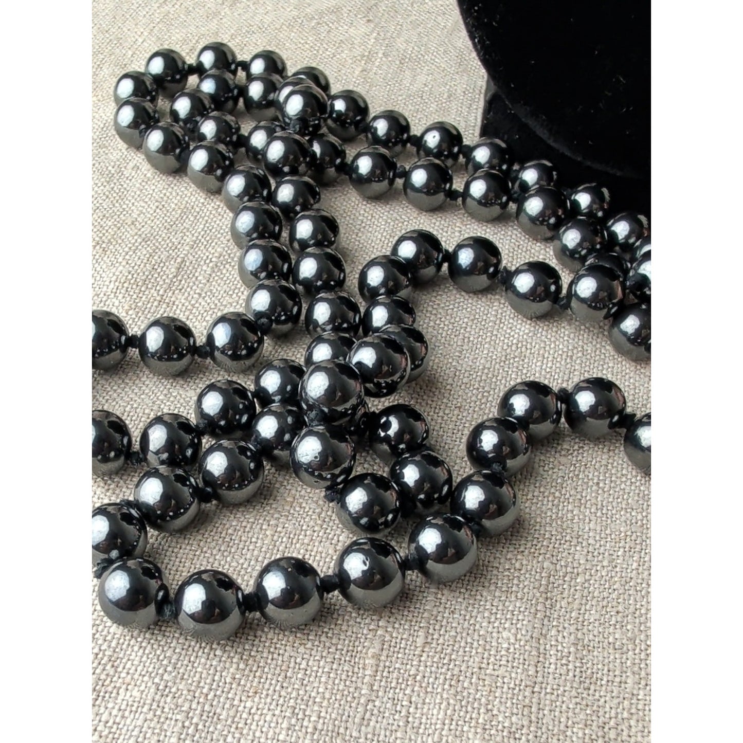 Vintage Natural Hematite Beaded Necklace Individually Hand-Knotted Gunmetal