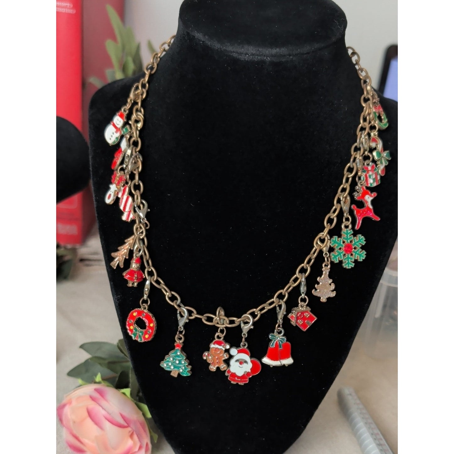 Vintage Christmas Charm Necklace Eclectic Holiday Charm Necklace Whimsical