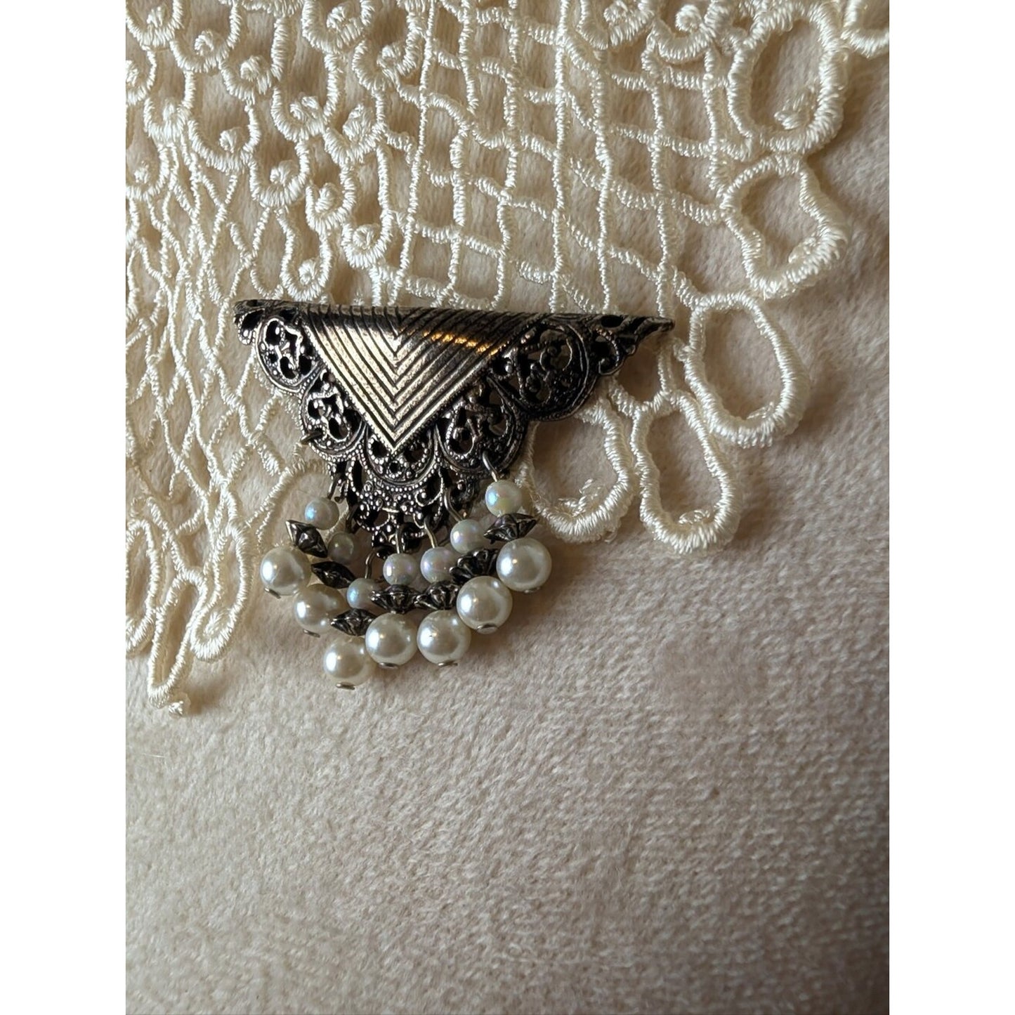 Vintage 90's Filigree Faux Pearl Dangle Brooch Antiqued Tone Victorian Revival