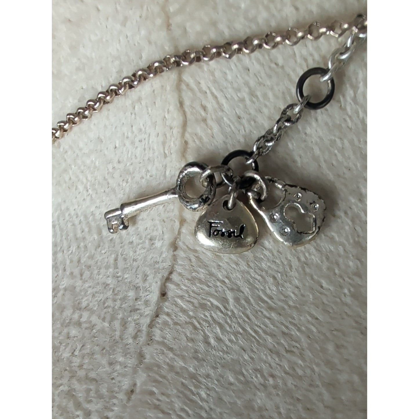 Vintage Fossil Three-Tone Heart Necklace Gold Silver & Gunmetal Hearts Charms