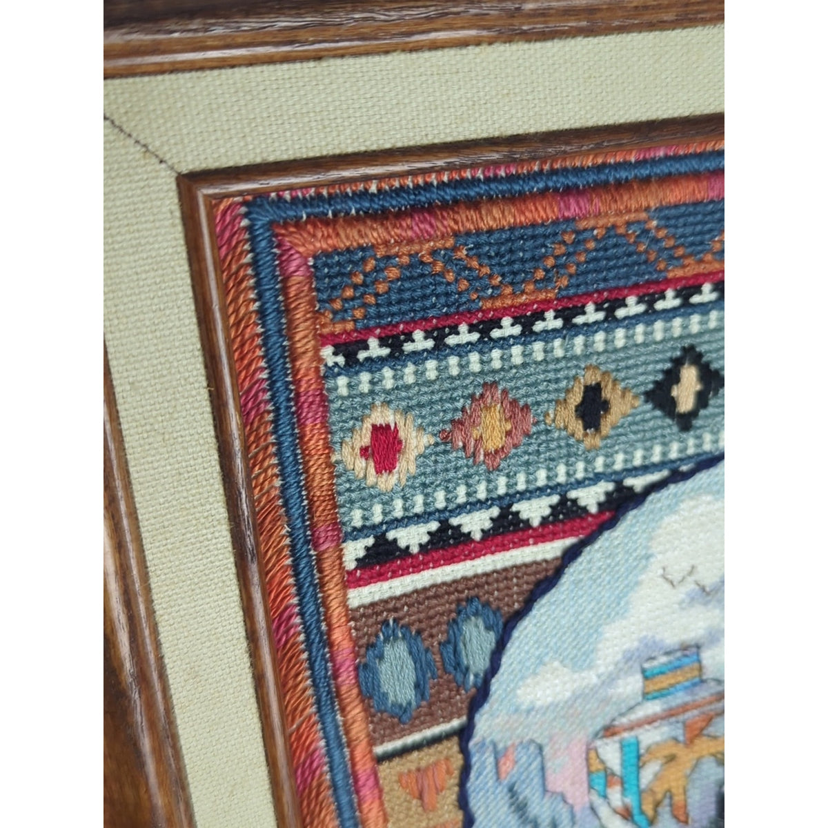 Vintage Southwestern Needlepoint Art Desert Still Life Pottery Scene 11x13