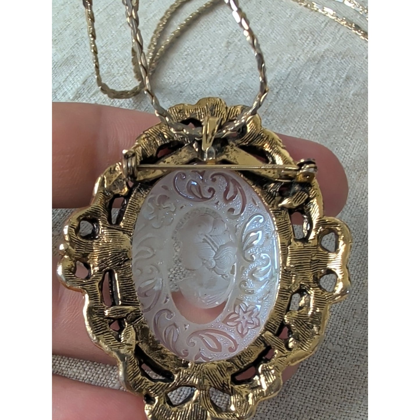 Vintage Reverse Carved Glass Cameo Necklace Brooch Intaglio Victorian Revival