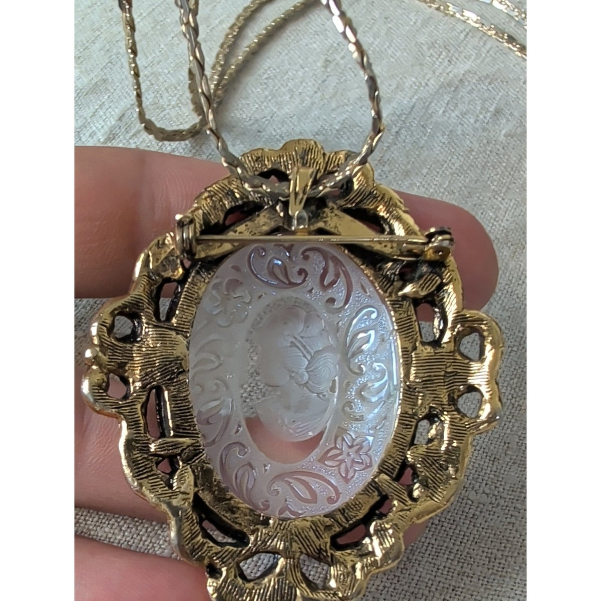 Vintage Reverse Carved Glass Cameo Necklace Brooch Intaglio Victorian Revival