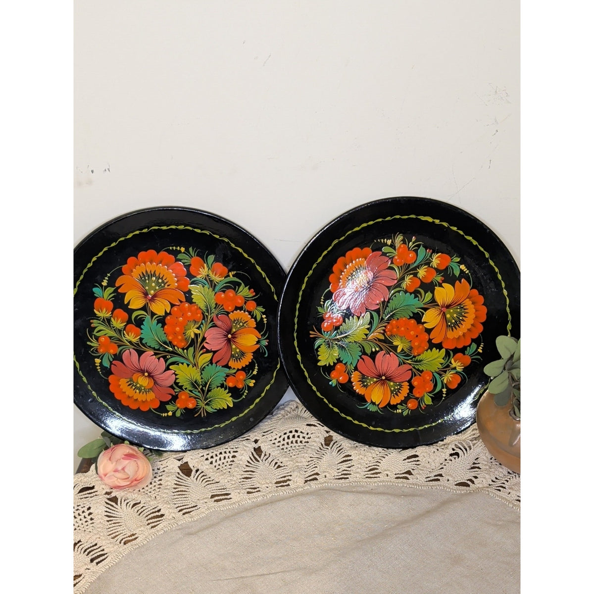 Vintage 1991 Ukrainian Petrykivka Folk Art Painted Wood Plates USSR Set of 2 11”