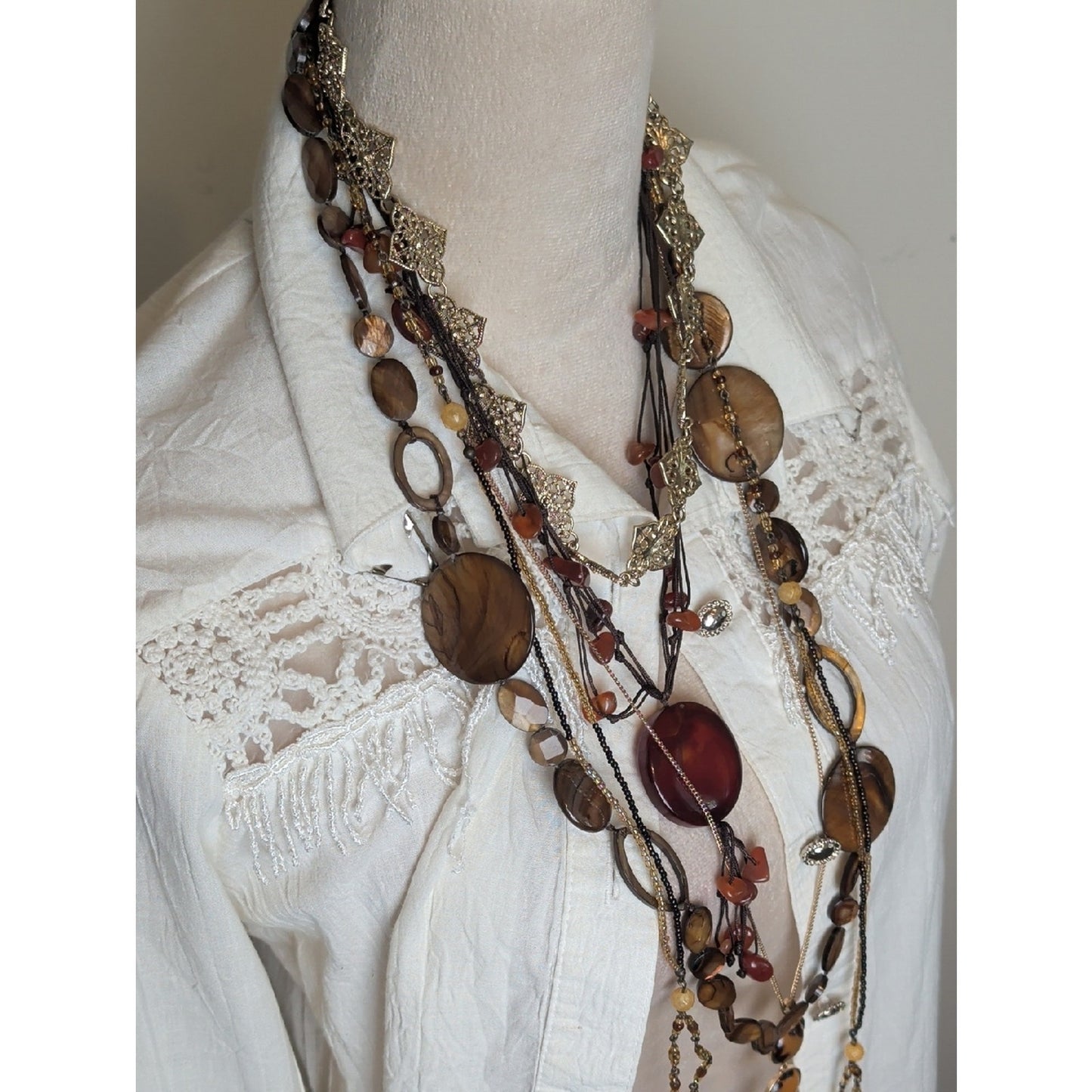 Curated Boho Luxe Necklace Collection 5 Layered Necklaces Agate, Shell, Glass