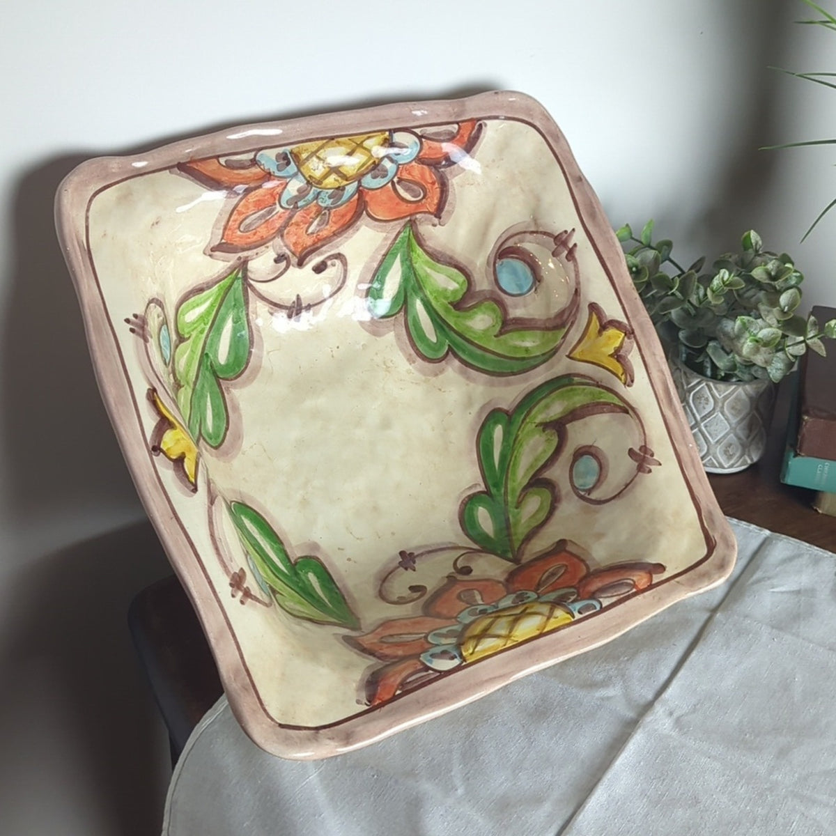 Vintage Hand Painted Italian Serving Bowl Centerpiece Italy Ceramic Tuscan