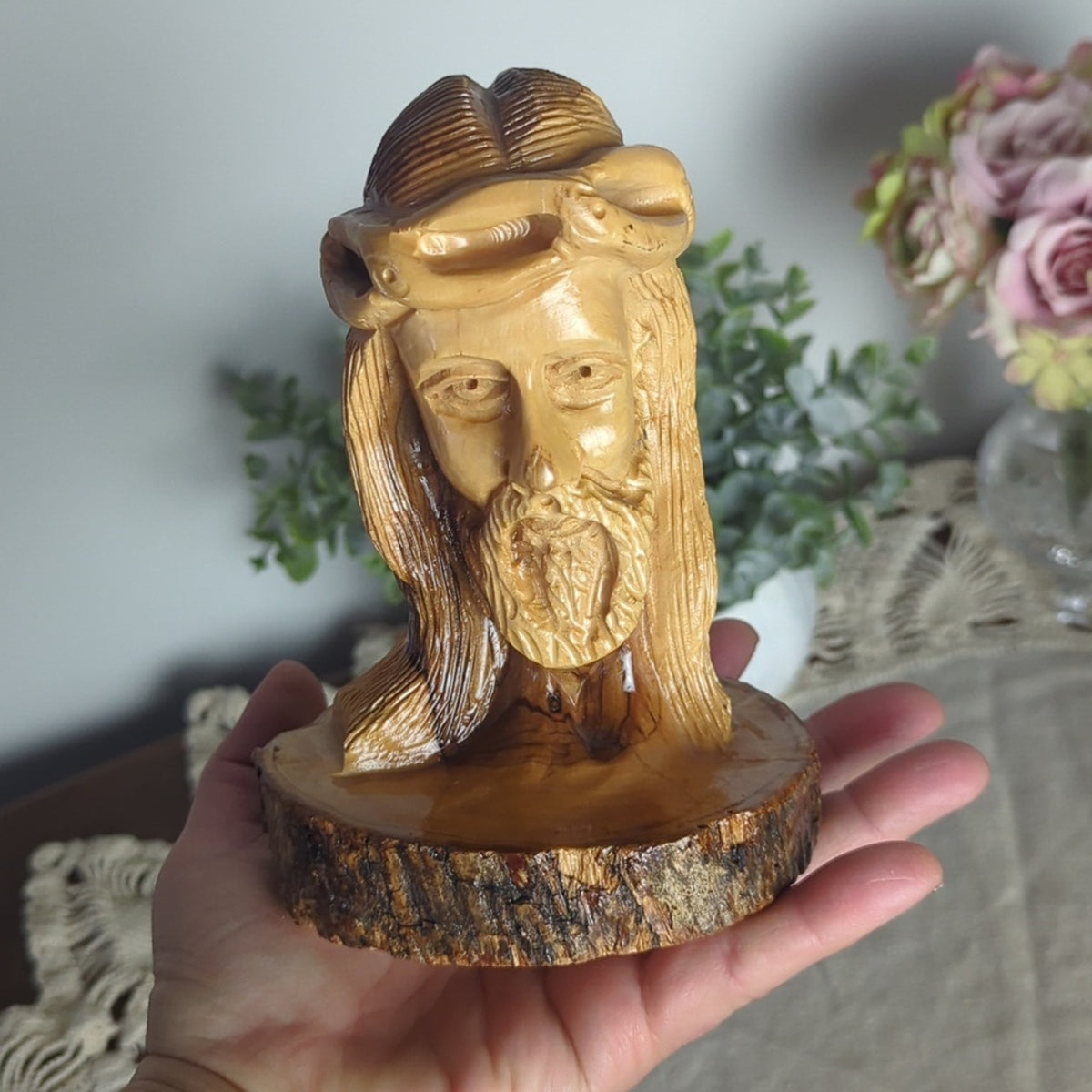 Vintage Hand Carved Olive Wood Jesus Bust Holy Land Israel Religious Carving