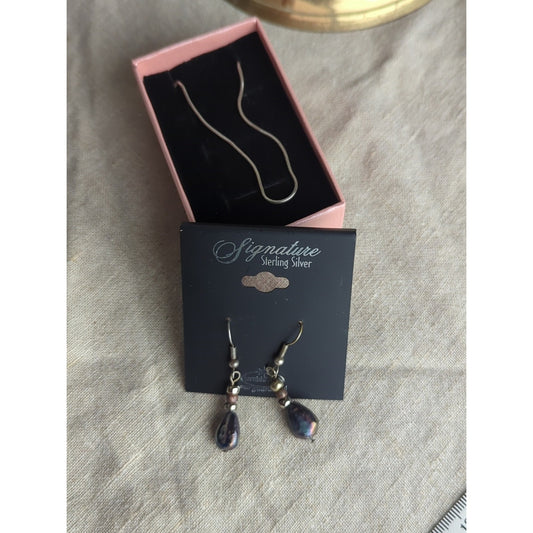 Y2K Sterling Silver Necklace & Iridescent Pearl Drop Earrings Set | Early 2000s