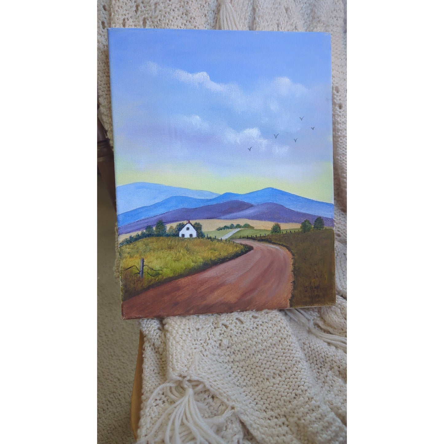 Original Folk Art Landscape Painting Signed J. Hall – Country Road Farmhouse Cottage Art on Canvas