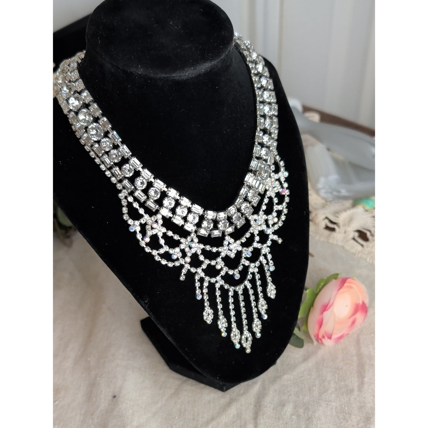 Vintage Rhinestone Necklace Set Old Hollywood Glam Bridal Statement Jewelry