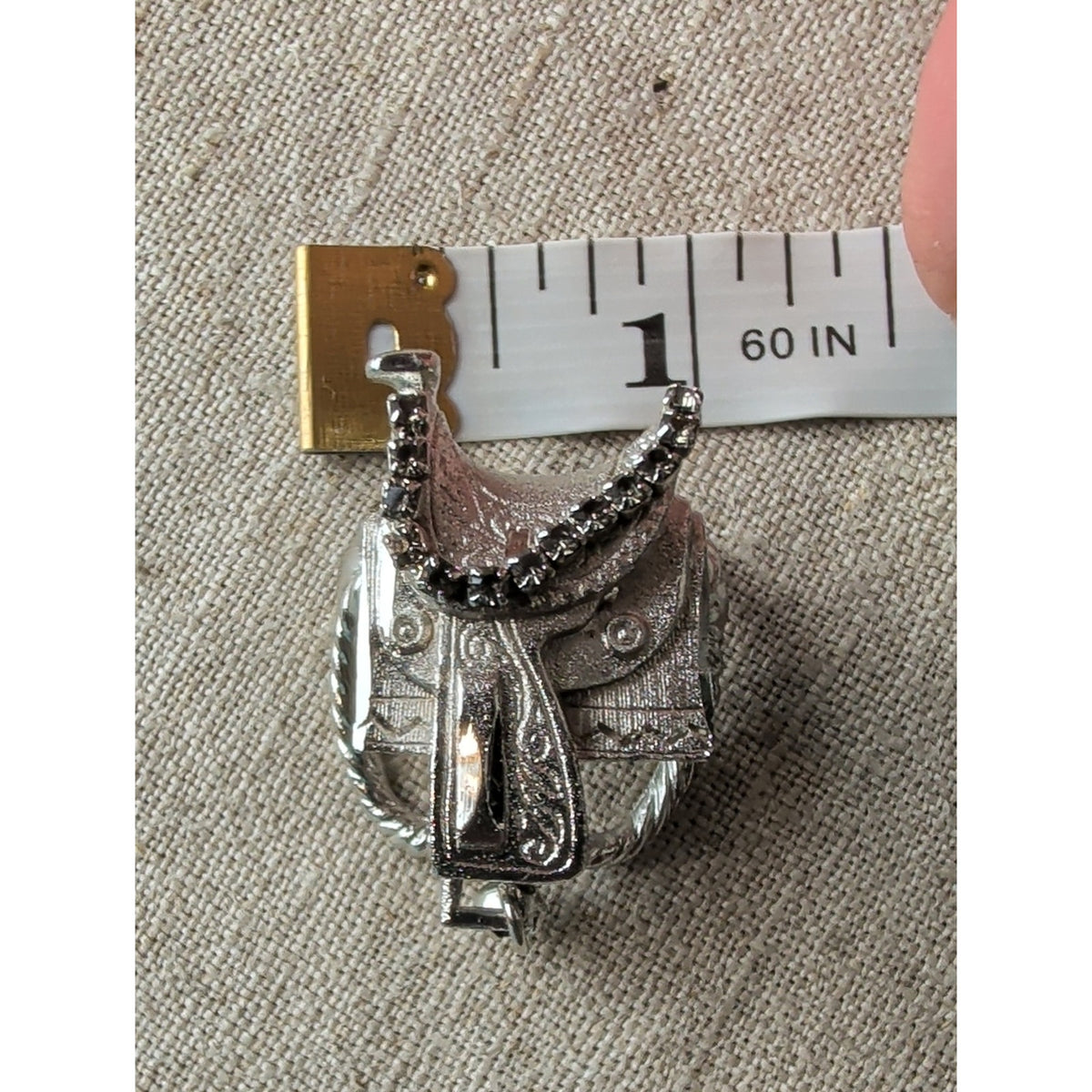 Western Saddle Scarf Slide Ring Silver Tone Rhinestone Cowgirl Equestrian