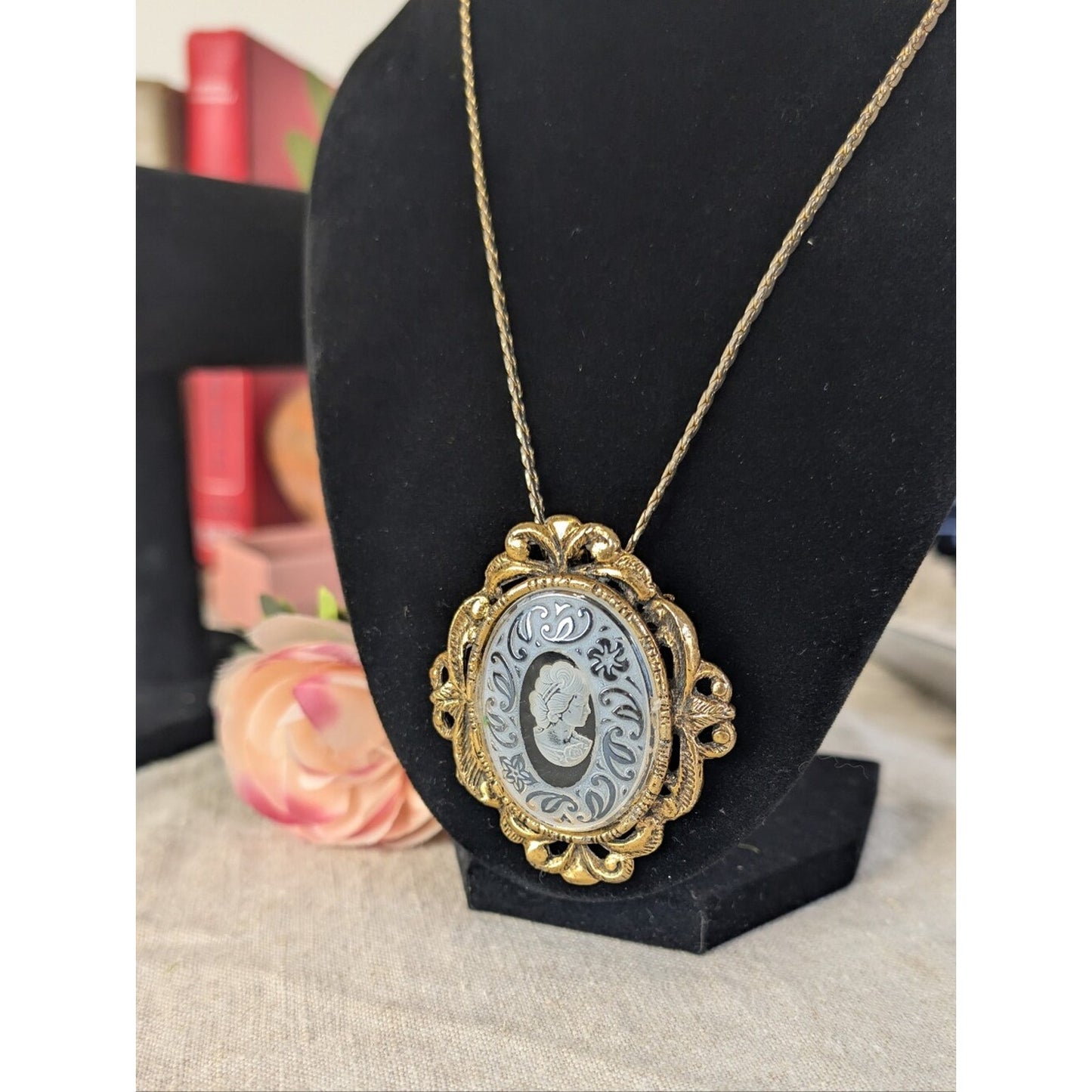 Vintage Reverse Carved Glass Cameo Necklace Brooch Intaglio Victorian Revival