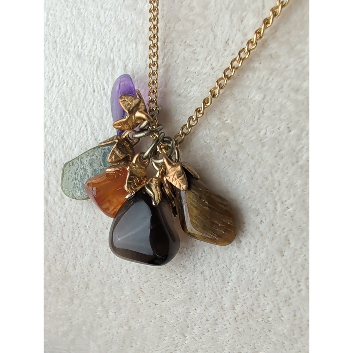 Genuine Mixed Gemstone Cluster Necklace Amethyst Tiger Eye Fairy Luxe