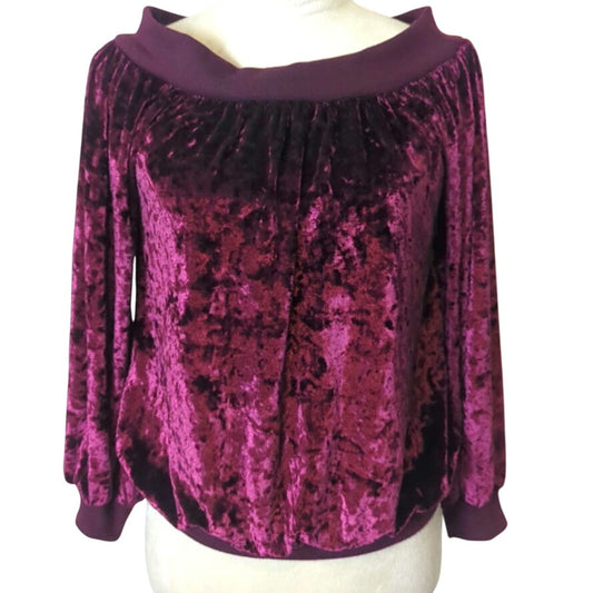 Moody Burgundy Velvet Boat Neck Pullover Top Balloon Sleeves Women's Small