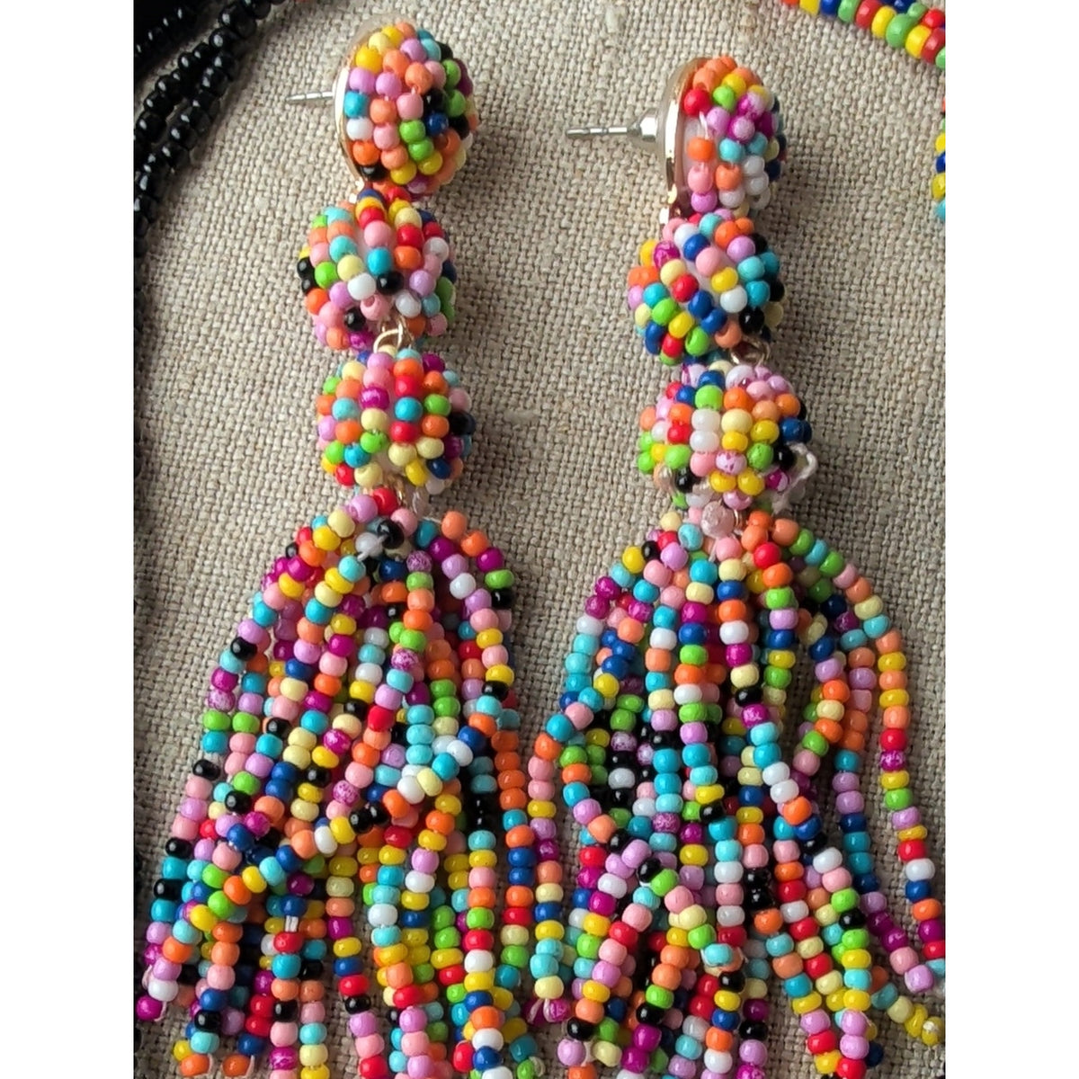 Colorful Seed Bead Statement Earrings Rainbow Tassel Boho Festival Artisan Style