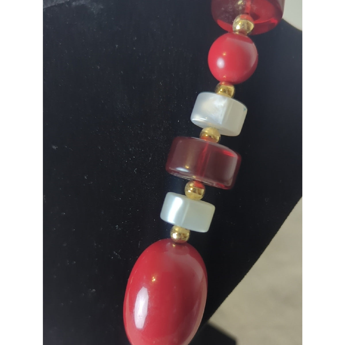 Vintage Monet Red 90's Retro Necklace Chunky Lucite & Gold Beaded Cranberry