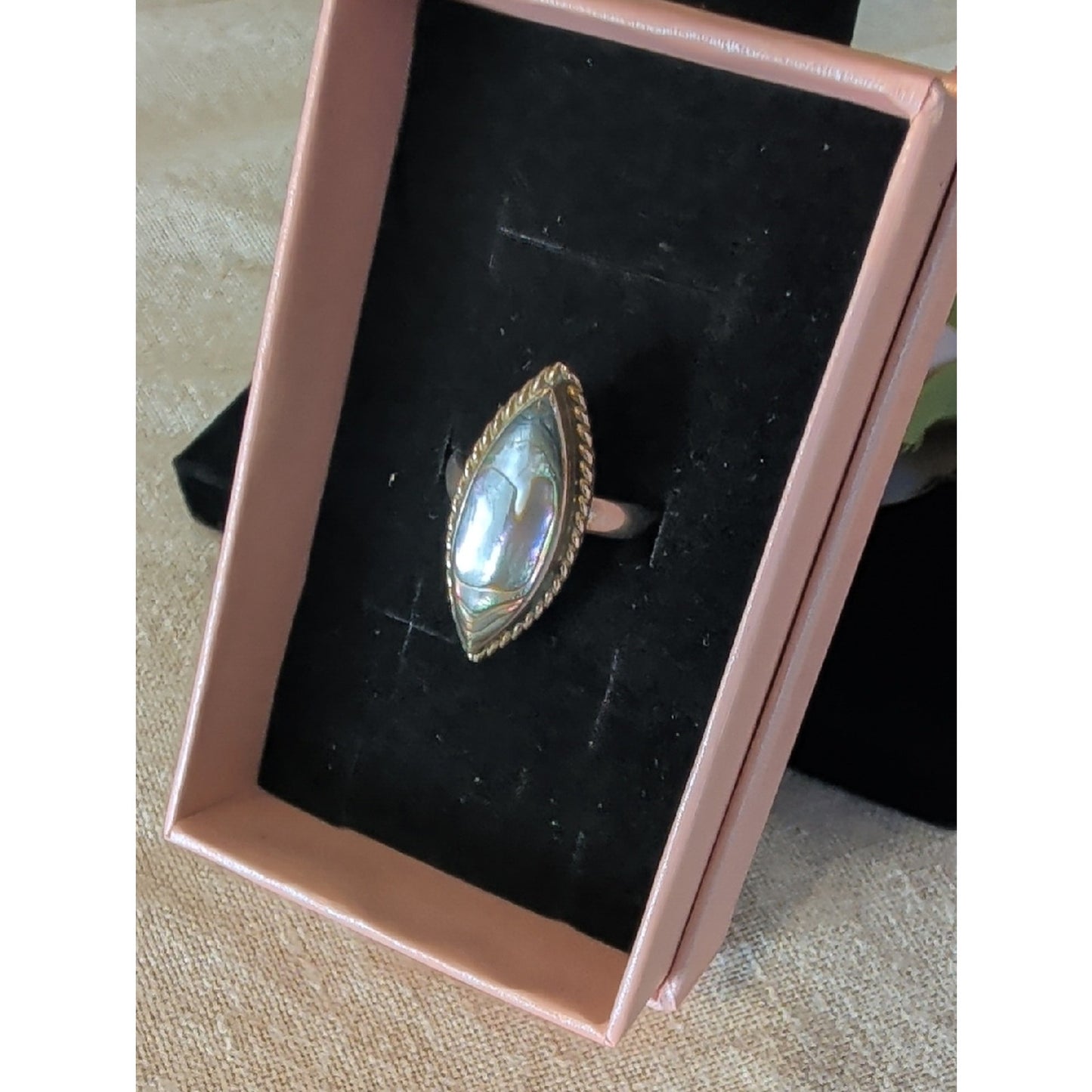 Vintage Mexico Abalone Shell Ring  Alpaca Silver Marquise Artisan Ring