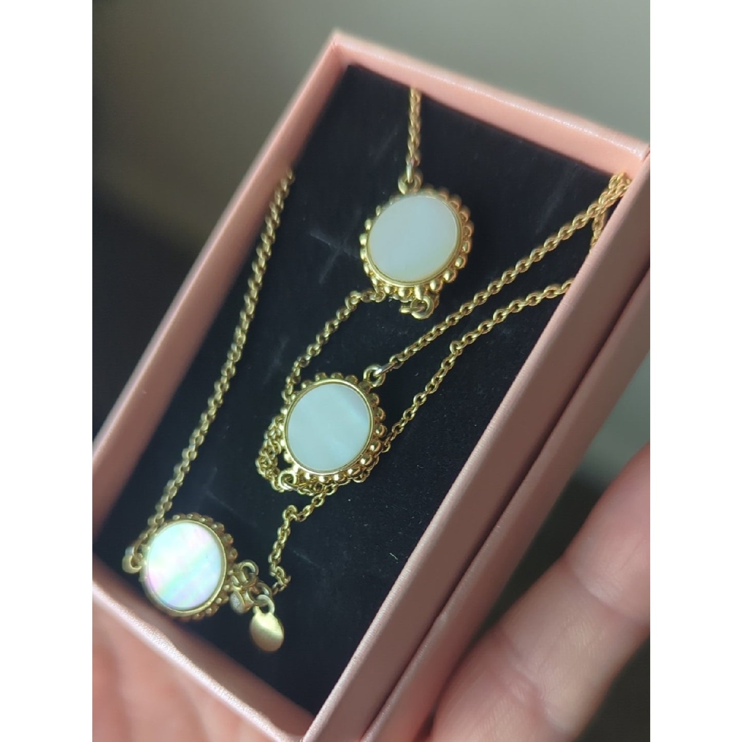 Mother of Pearl Long Layered Gold Necklace, Iridescent Shell Station Coastal