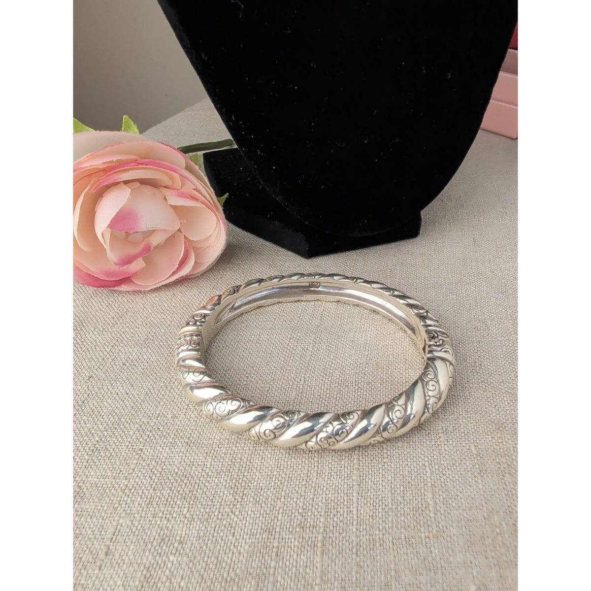 Brighton Twisted Rope Hinged Bangle Bracelet, Silver-Tone Scrollwork Magnetic Closure