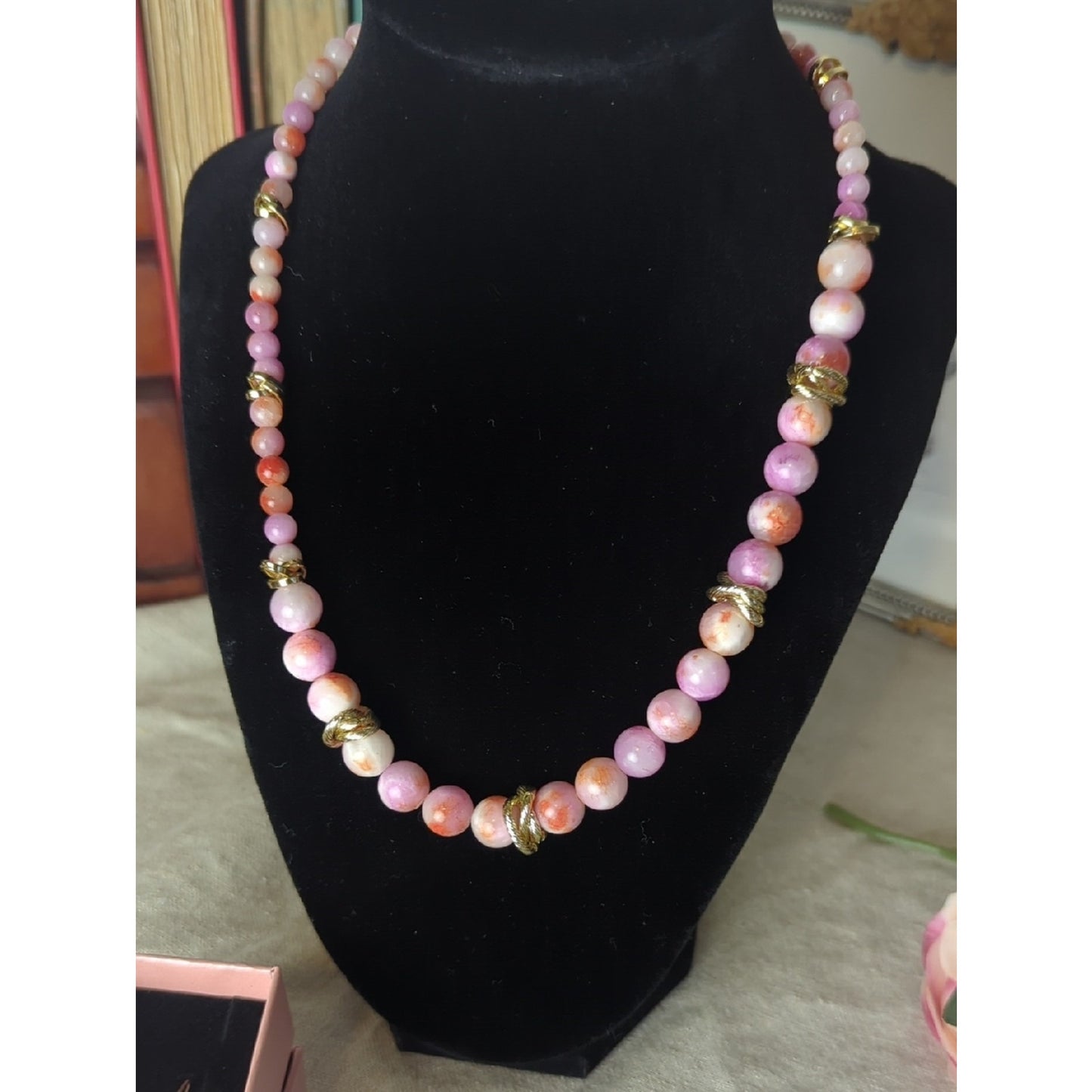 Vintage Pink Marbled Glass Bead Necklace Set Gold Accent Soft Glam Coquette Girl