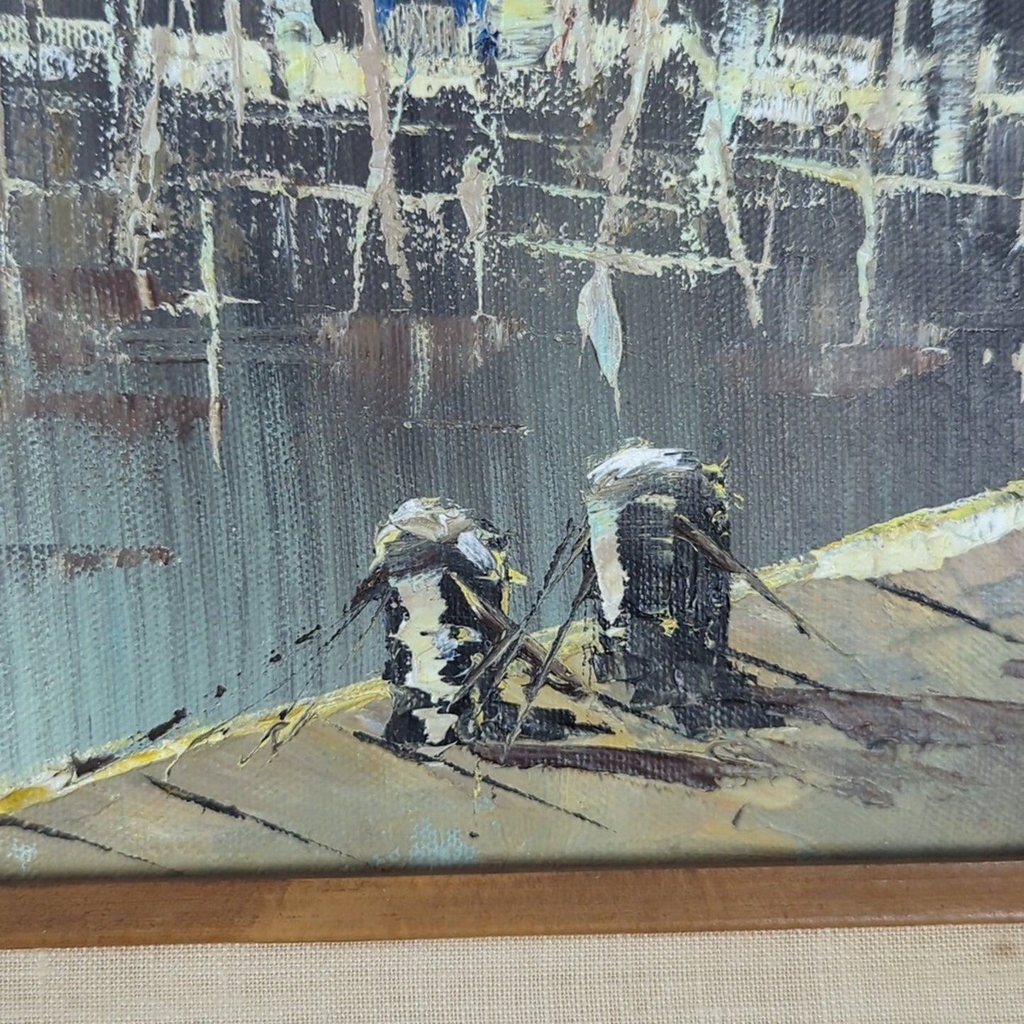Vintage Harbor Village Oil Painting on Canvas Signed Framed Coastal European