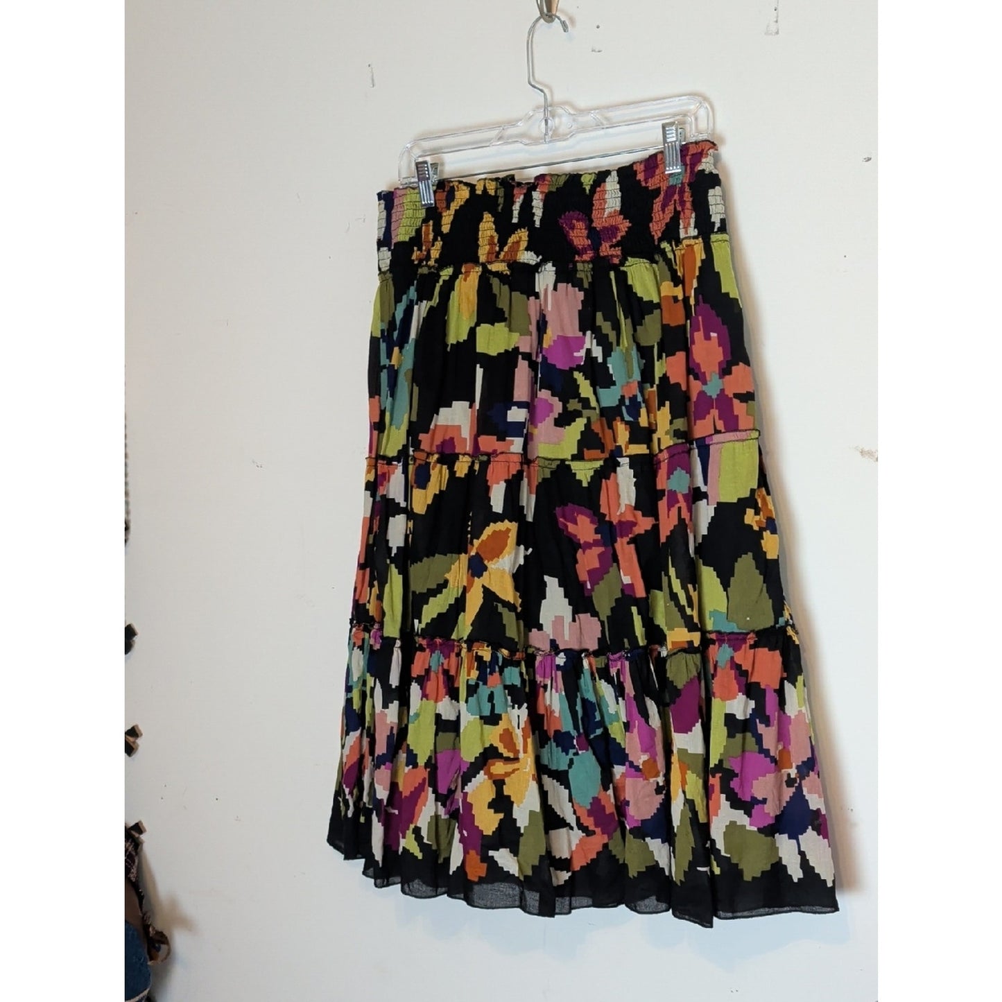Vintage Boho Tiered Midi Skirt  Smocked Waist Abstract Floral Cotton Large