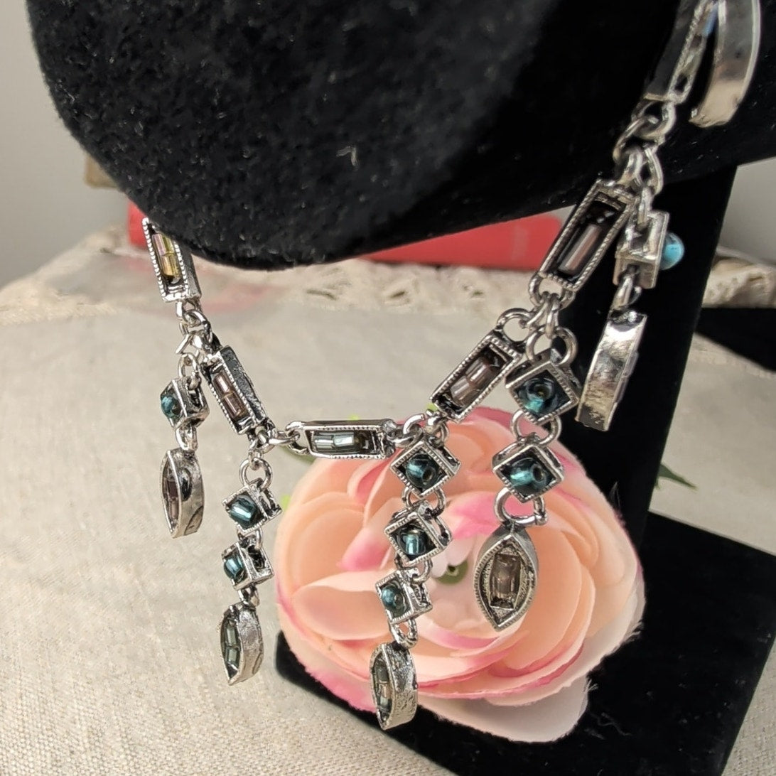 Art Deco Revival Dangle Drop Bracelet Marquise & Square Rhinestones Cascading