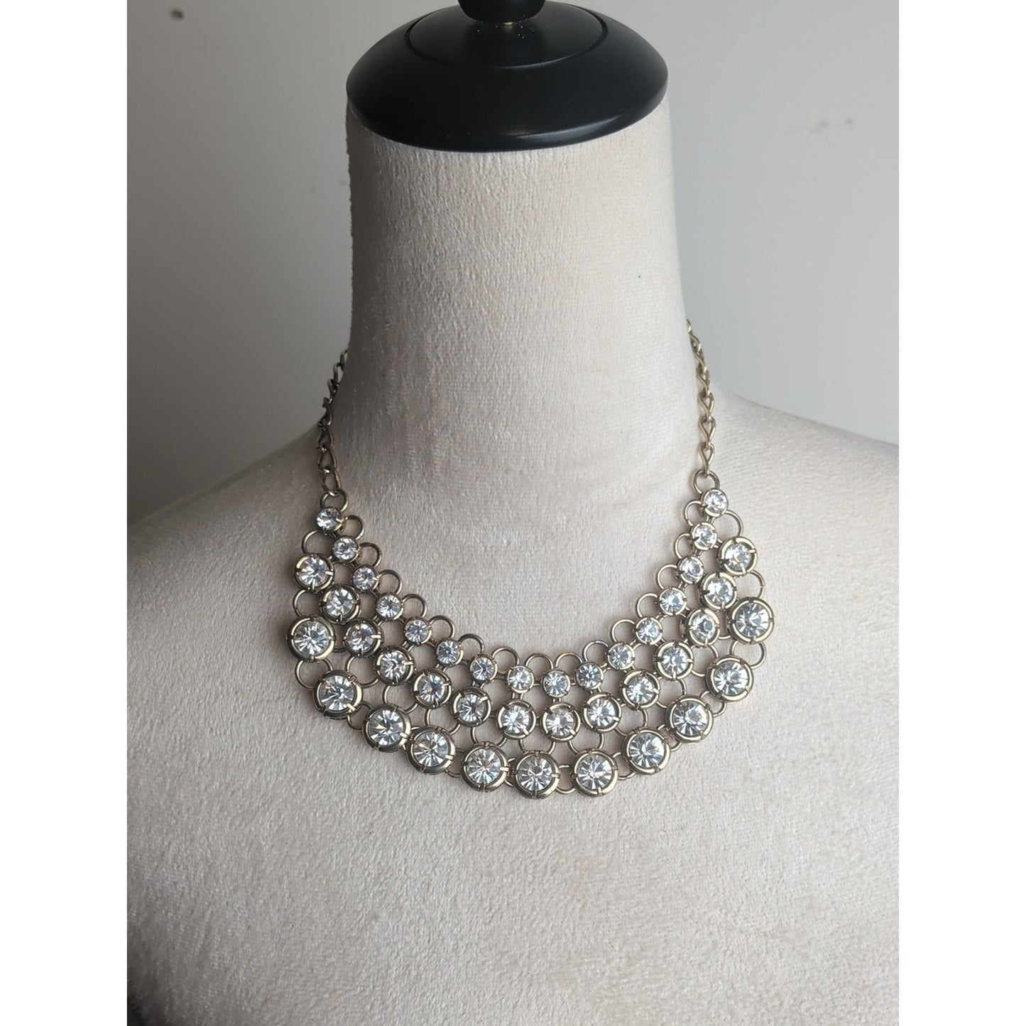 Vintage Crystal Multi-Row Statement Necklace - Gold Tone Glam